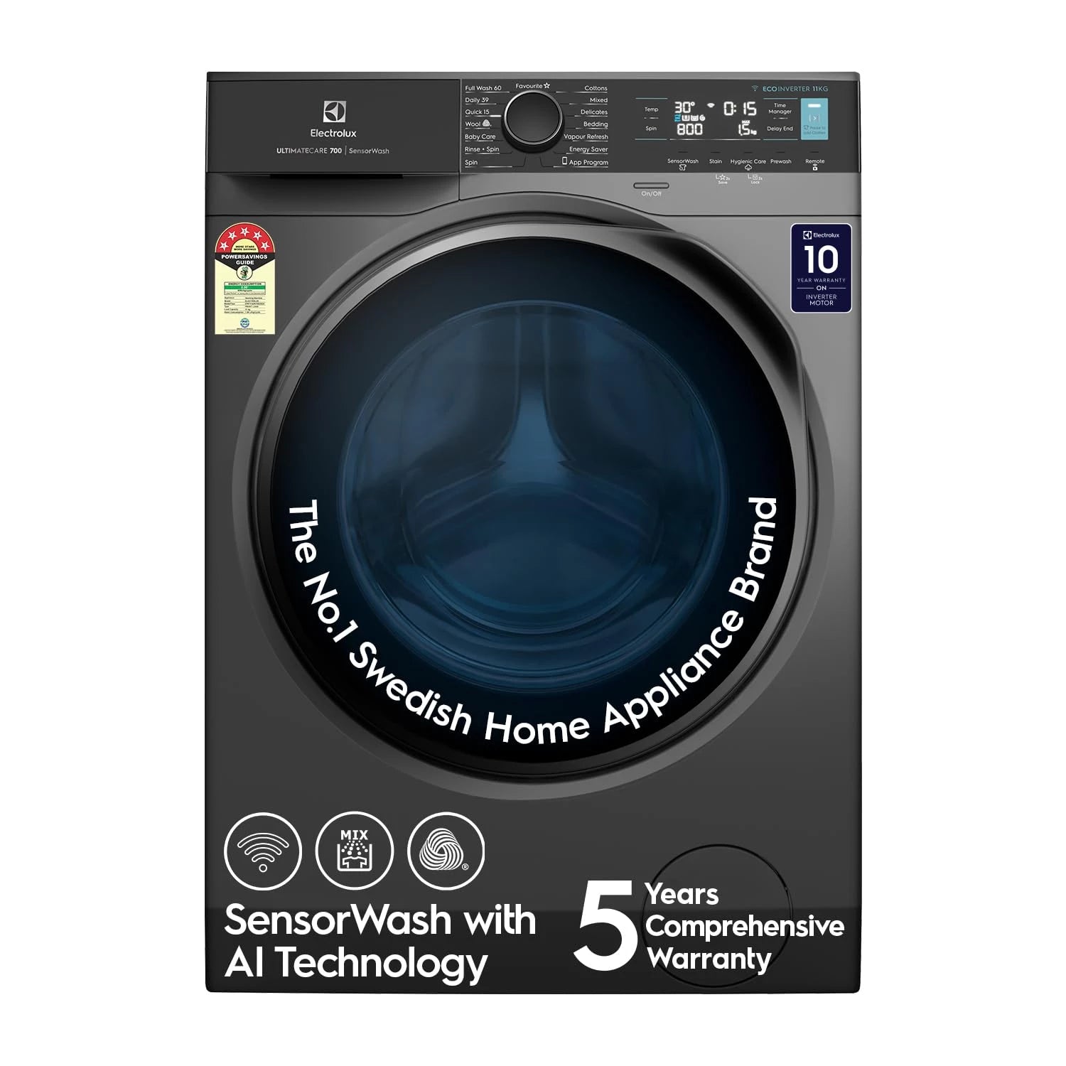 Electrolux 11kg 5 Star Fully Automatic Front Load Washing Machine with AI SensorWash, WiFi, Full Load Vapour Wash, EcoInverter, Dark Silver, UltimateCare 700, EWF1142R7SB