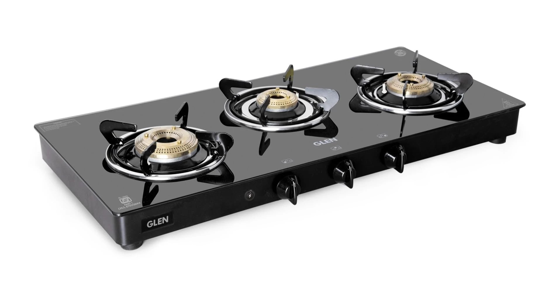 Glen 3 Burner Toughened Glass Top LPG Gas Stove with Fuel Efficient Brass Burners | Black | ISI Certified