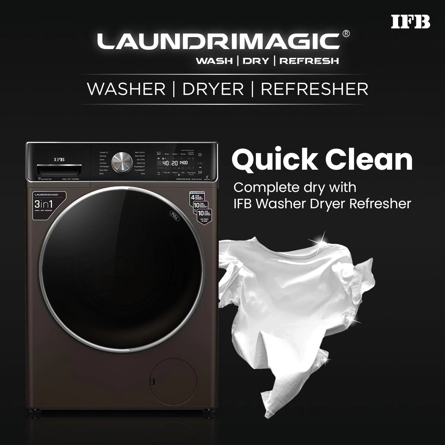 IFB 10 Kg/7 Kg/3 Kg 3-in-1, AI Powered, Fully Automatic Washer Dryer Refresher (IFB Laundrimagic®, EXECUTIVE PLUS ZXM, 9 Swirl Wash, Eco Inverter Technology, Mocha)