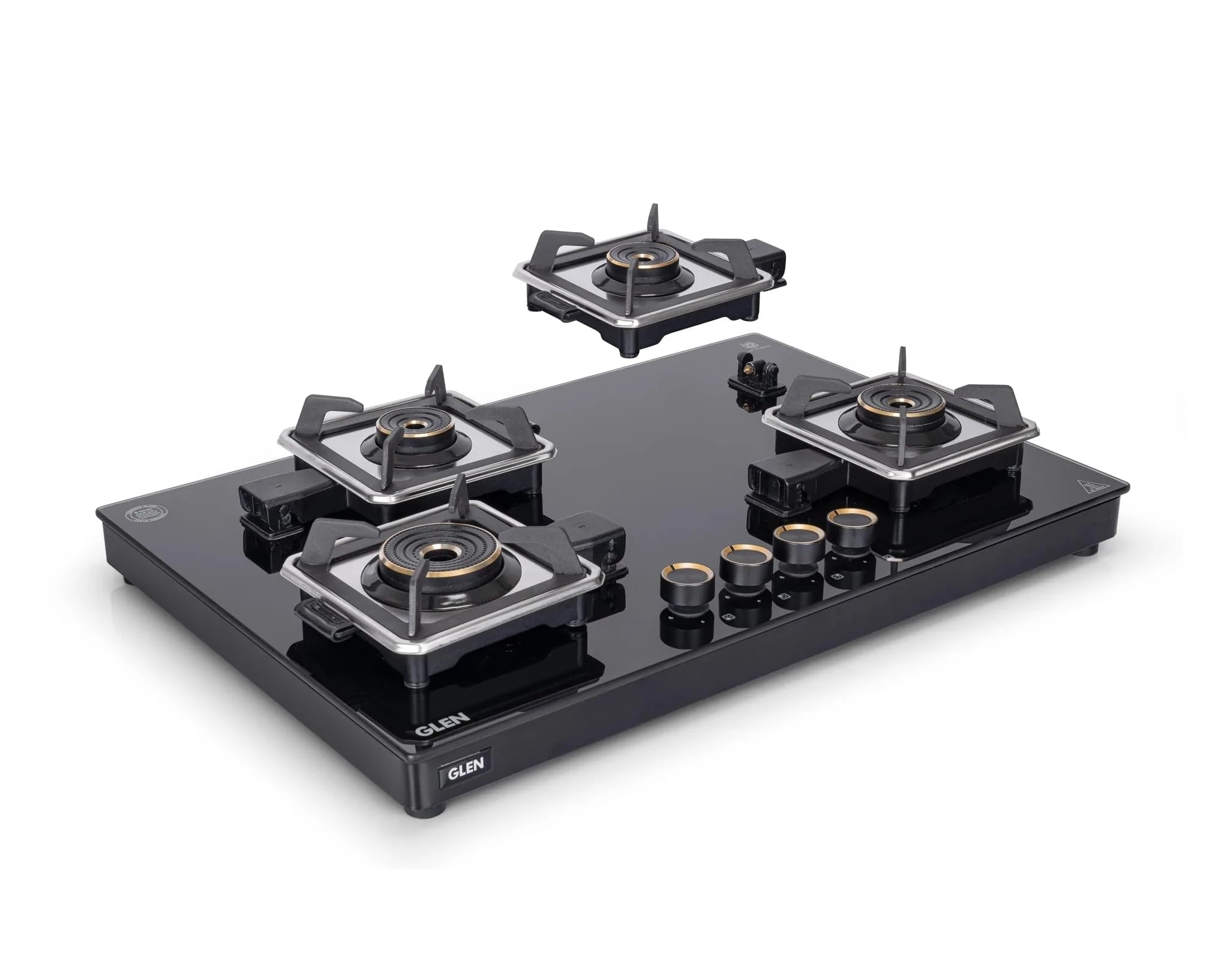 Glen Swift 4 Burner Gas Stove | Removable Multi-Ring Forged Brass Burners | 8mm Toughened Glass Top | Manual Ignition (CT1044GTBLSWIFT)