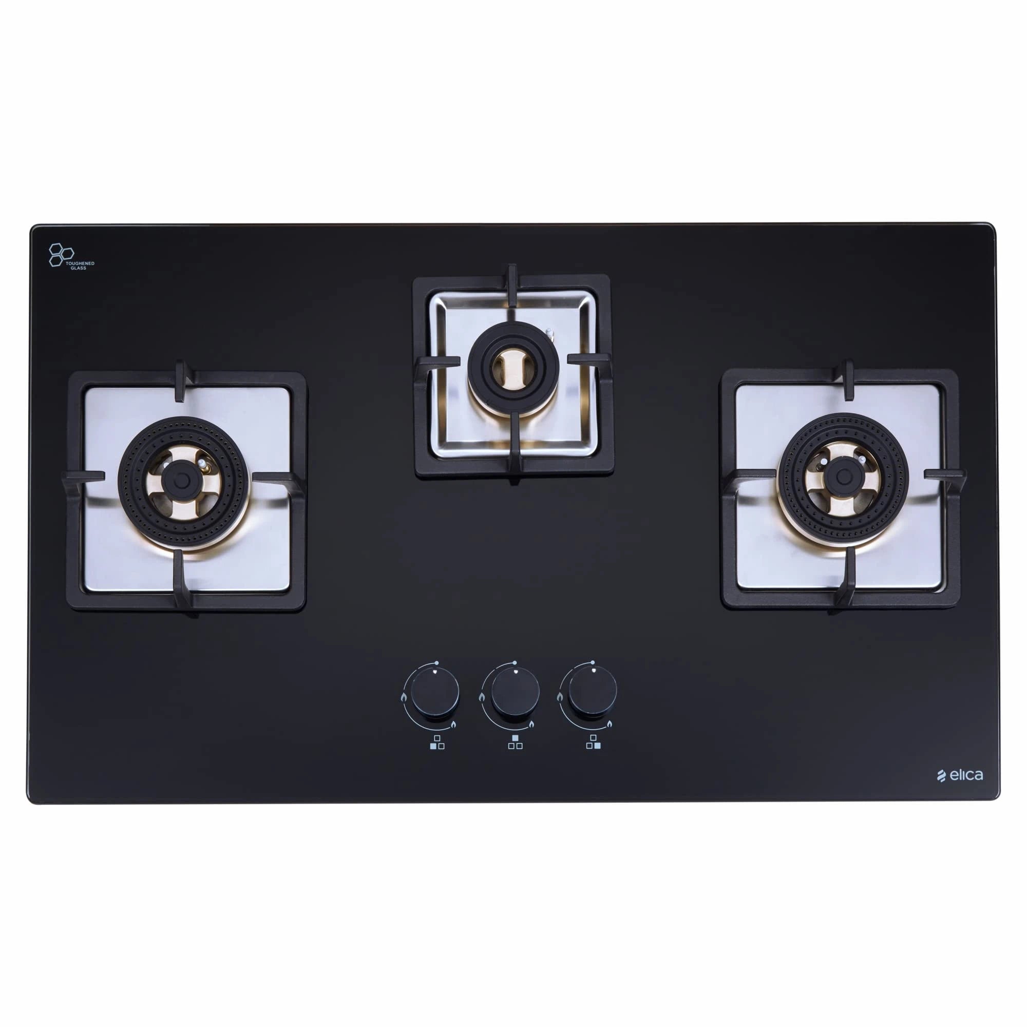 Elica Hob 3 Burner Auto Ignition Glass Top with Direct Flame Full Brass Burners - 1 Small and 2 Medium Gas Stove (IND FLEXI FB 375 DX DFS)