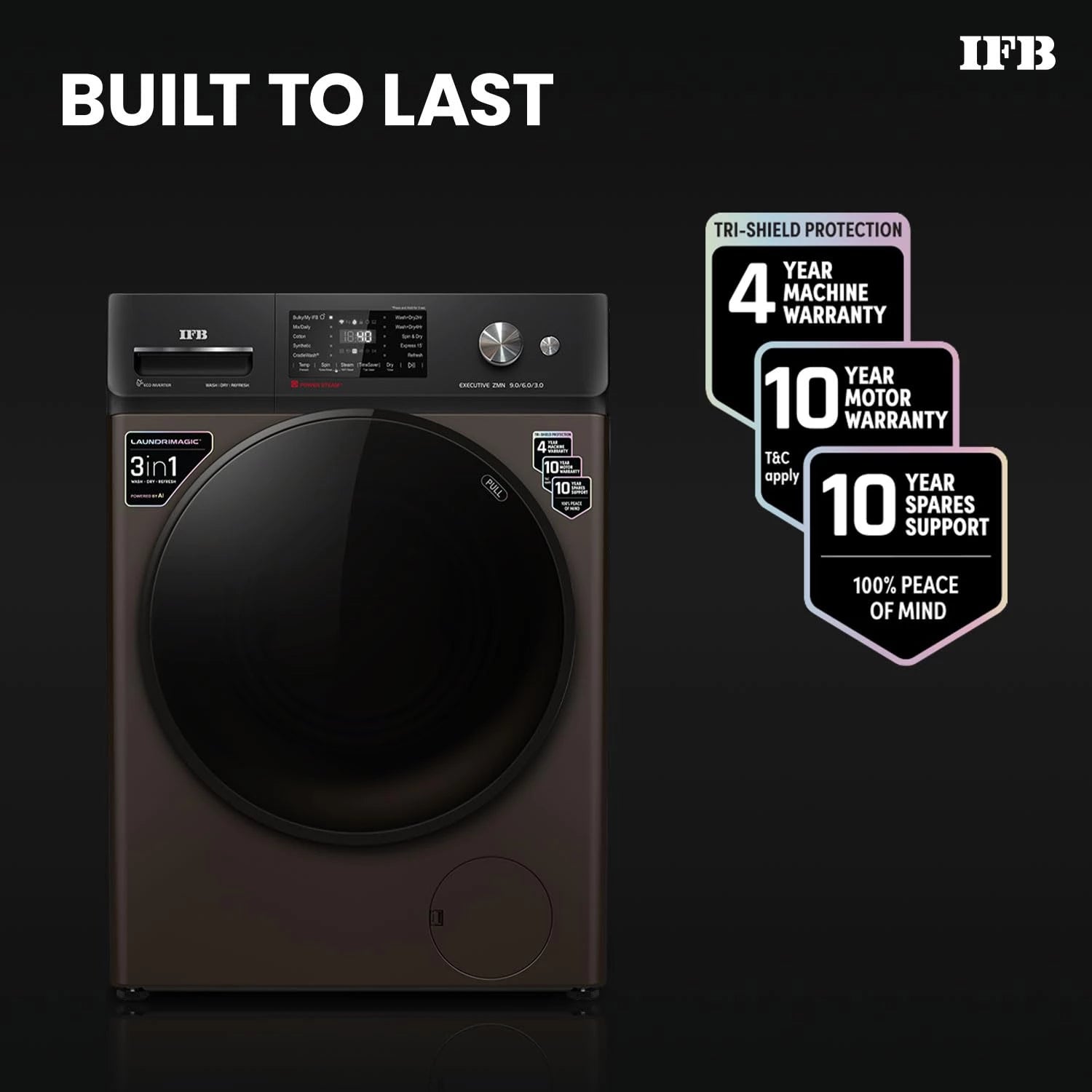 IFB 9/6/3 kg Fully Automatic Washer Dryer Refresher with Steam Refresh, AI Powered, 100% Dry Clothes, 9 Swirl Wash Mimic Handwashing, WiFi & Eco Inverter Motor (WDR Executive ZMN, Mocha)