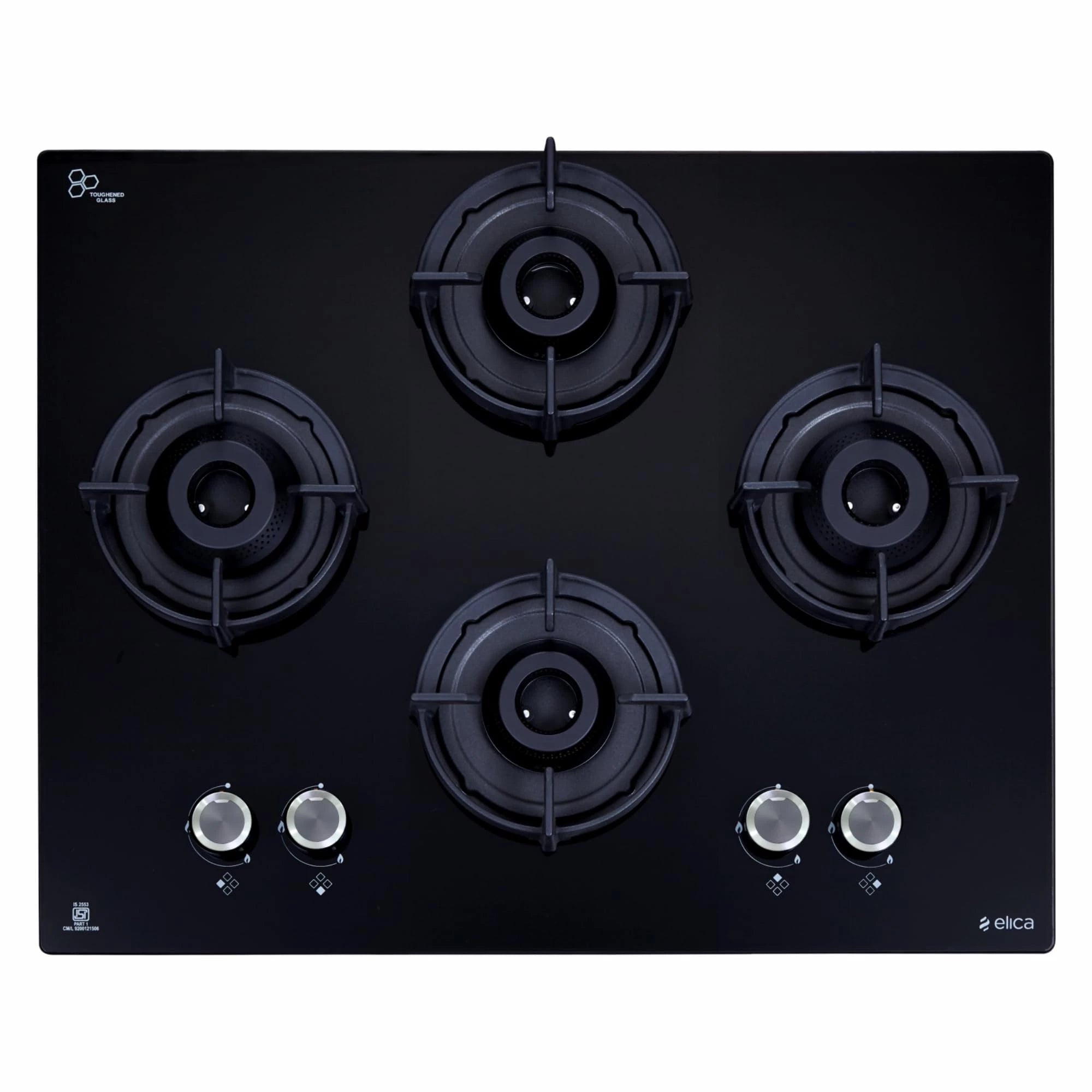 Elica FLEXI 460 LOTUS IND HD BRASS 4 Burner Gas Stove - Auto Ignition, Glass Top, Full Brass Multi-Flame Burners