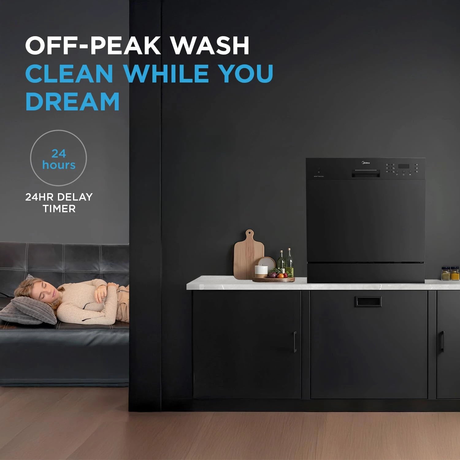 MIDEA 8 பிளேஸ் செட்டிங் கவுண்டர்டாப் டிஷ்வாஷர் (MDWTT0802D(B) IN, கருப்பு, 6 வாஷ் புரோகிராம்கள், போர்ட்டபிள், ஆன்டி-பாக்டீரியல் ஃபில்டர் &amp; அல்ட்ரா ஹைஜீனுக்கான இன்டென்சிவ் 70 டிகிரி வாஷ், 24 மணிநேர தாமத டைமர்)