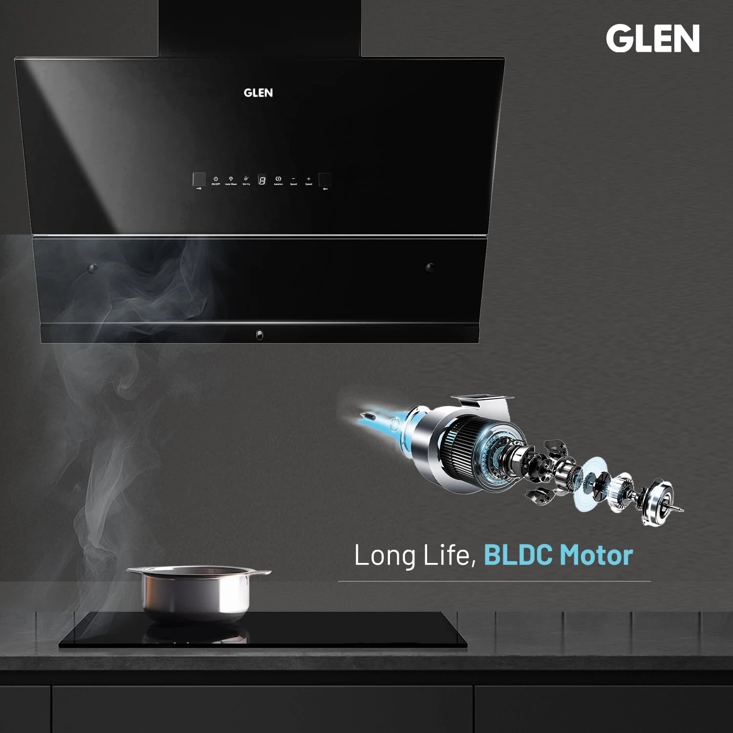 Glen Chimney Auto Clean Glass Chimney for Kitchen Filter-less with Heat Sensor, BLDC Motor 1600 m³/h - 75cm (CH 6065 HSR BLDC BL AC)