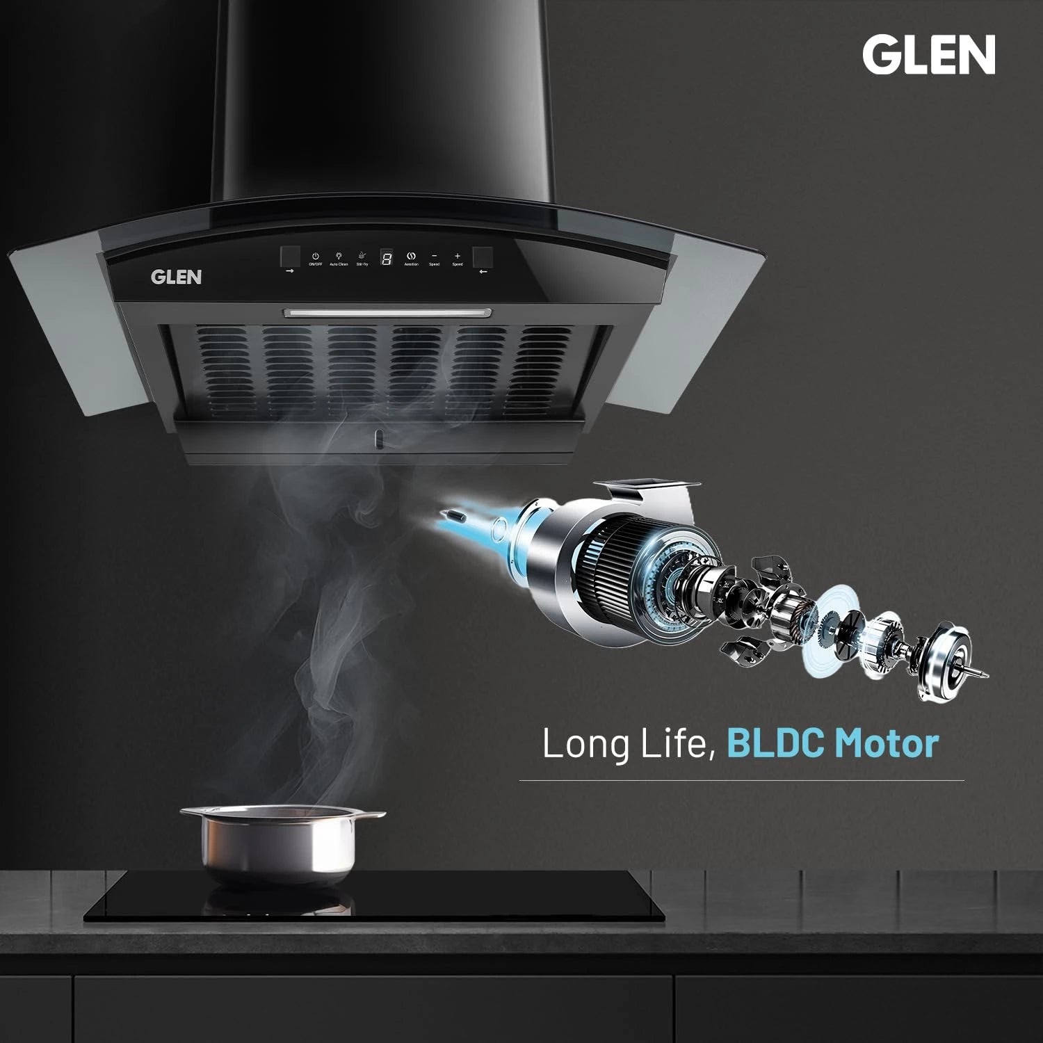 Glen 60 cm 1500 m³/hr BLDC Filterless Thermal Autoclean Kitchen Chimney, Curved Glass |(Hood RICA 60, Aeration technology|Touch & Gesture Control,Black)