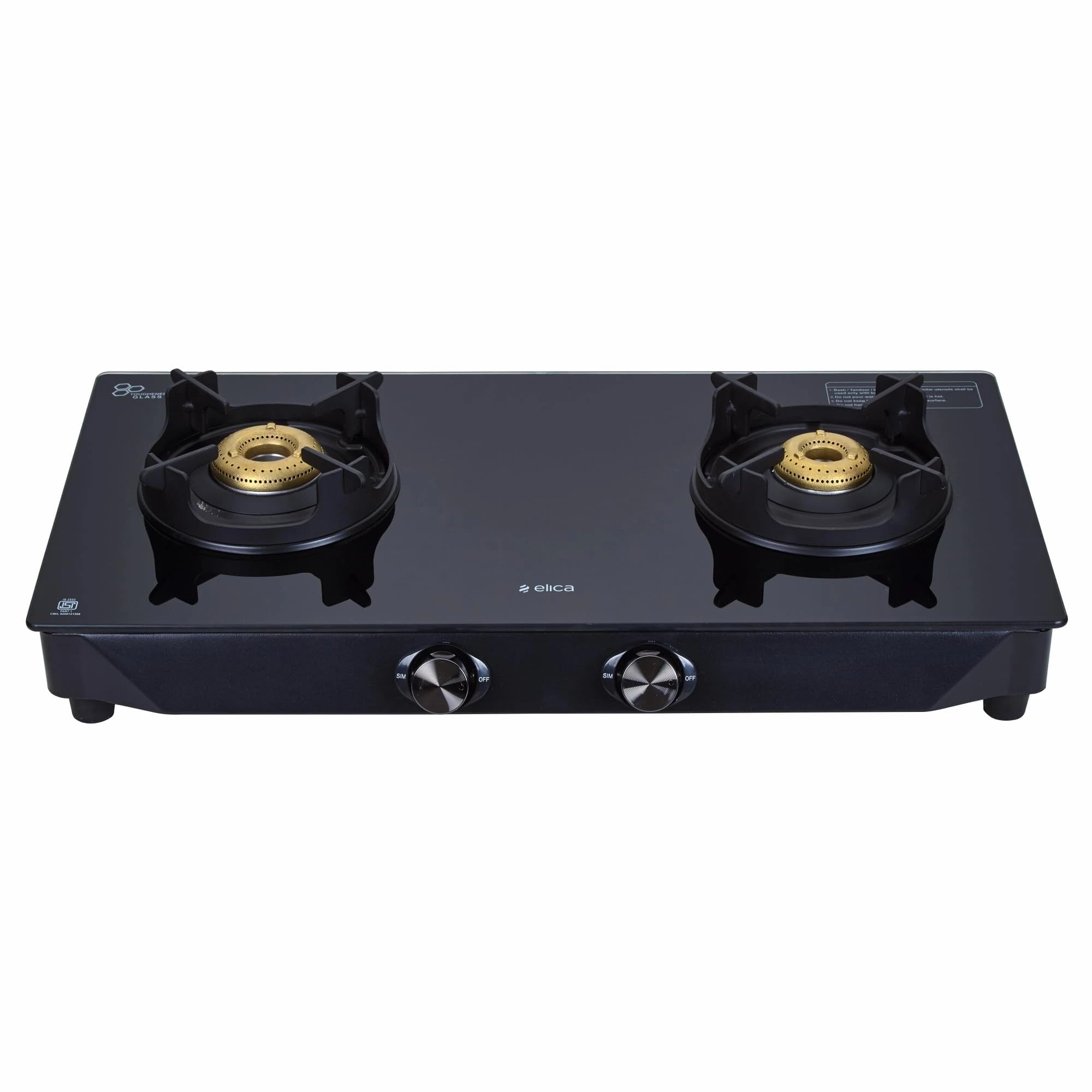 Elica Crest 2 Burner Gas Stove with Crown Design Pan Support and Forged Brass Burners (CREST 266 NERO), Black