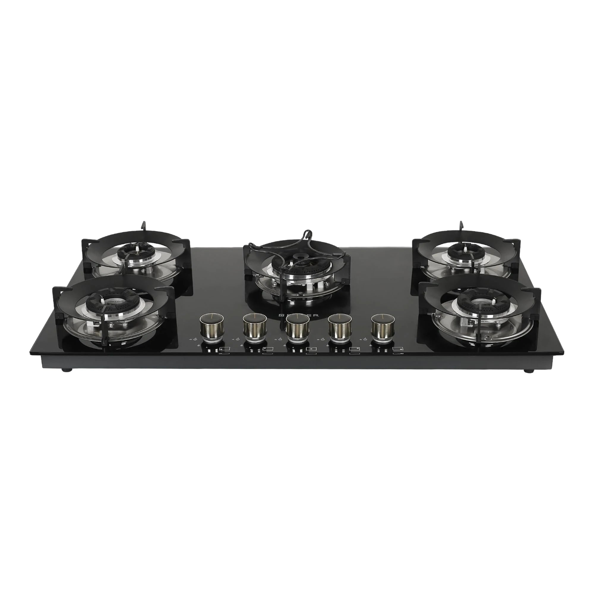 Faber Hob 5 Burner | Auto-Ignition | Spillage Proof | HOB SUPERIA HT905 BR AI | Concealed Chamber | Metal Knobs | Pan Support | Black Glass Finish |5 Yr Warranty on Burner & Glass | 1 Yr comprehensive