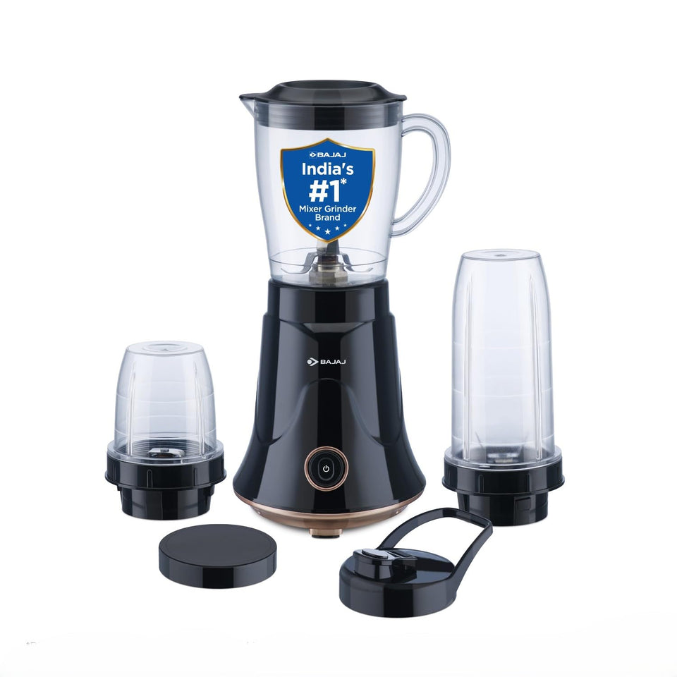 Bajaj NX-01 300 W mixer grinder front view with copper-ringed power button and three jars