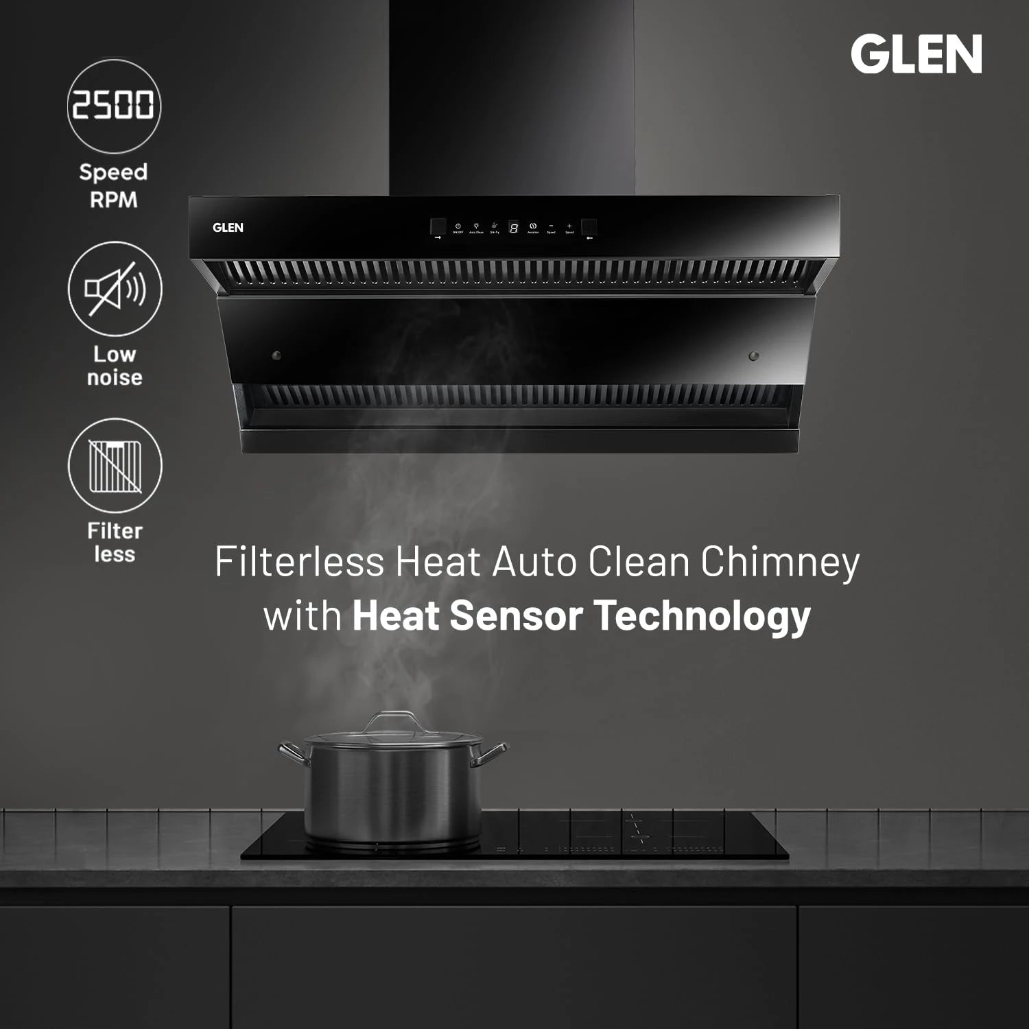Glen Auto Clean Chimney with Double Draft Suction and Heat Sensor, BLDC Motor 60cm 1600 m3/h - Black (CH 6076 HSR DC AC)