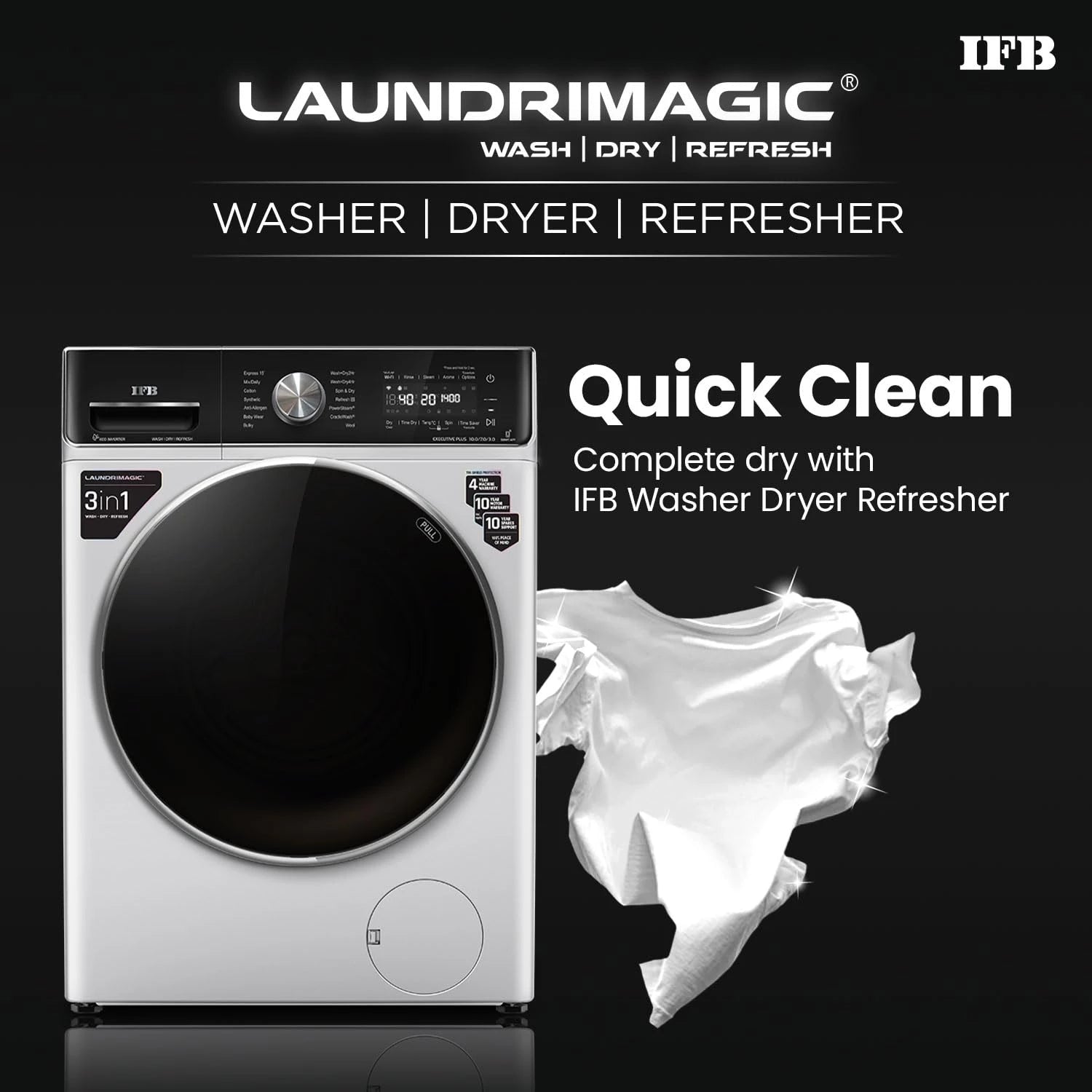 IFB 10 Kg/7 Kg/3 Kg 3-in-1, AI Powered, Fully Automatic Washer Dryer Refresher (IFB Laundrimagic®, EXECUTIVE PLUS ZXS, 9 Swirl Wash, Eco Inverter Technology, Rich Silver)