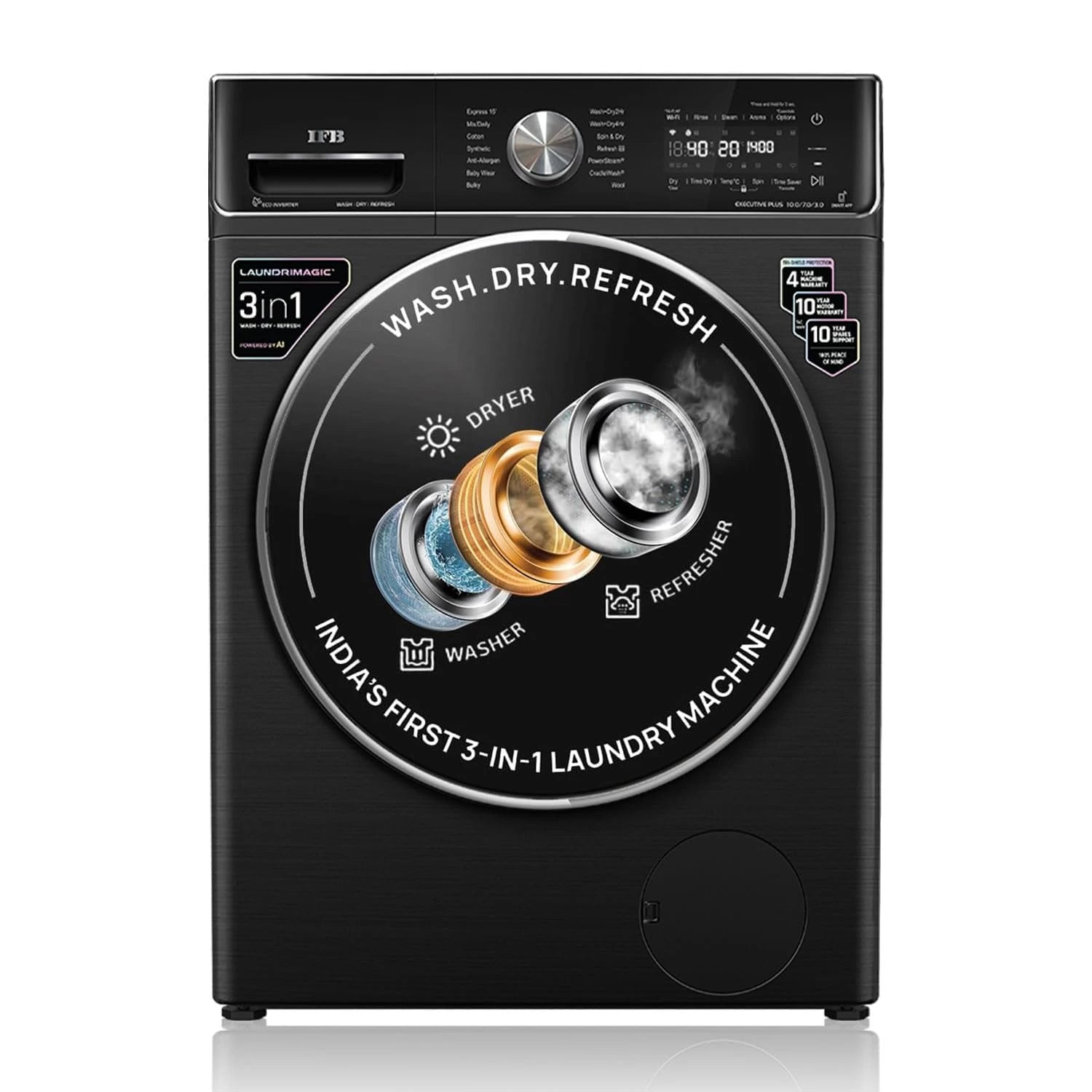 IFB 10 Kg/7 Kg/3 Kg 3-in-1, AI Powered, Fully Automatic Washer Dryer Refresher (IFB Laundrimagic®, EXECUTIVE PLUS ZXB, 9 Swirl Wash, Eco Inverter Technology, Black VCM)