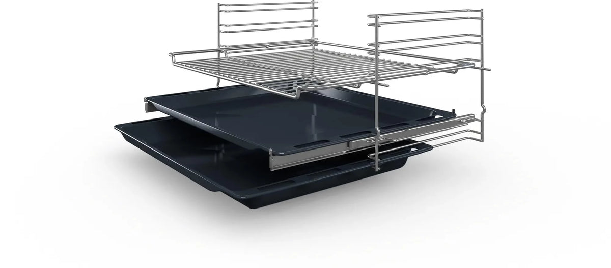 Bosch HBJ534EB0I wire rack and two baking trays with side rails shown on a white background