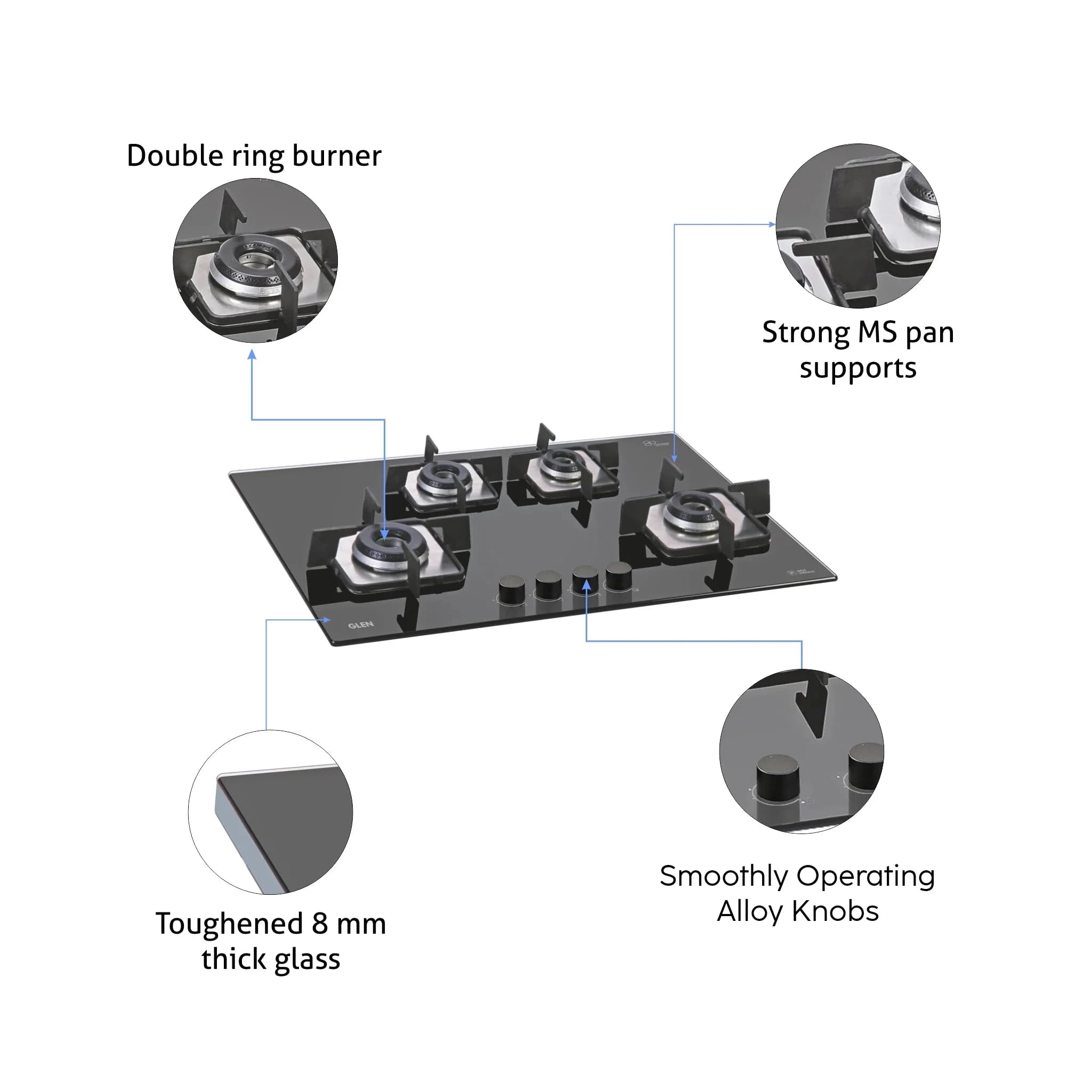 Glen 4 Burner Glass Hob Top Black Frame Italian Double Ring Burners Auto Ignition (BH1074SQFIN)