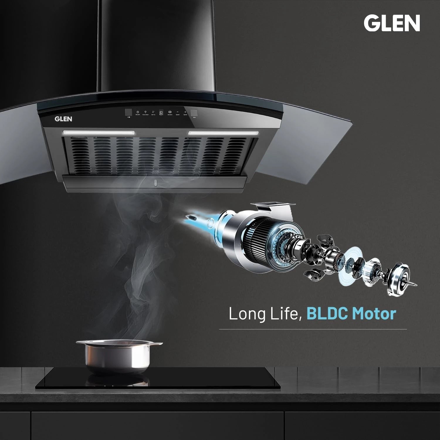 Glen 90 cm 1500 m³/hr BLDC Filterless Thermal Autoclean Kitchen Chimney, Curved Glass |(Hood RICA 90, Aeration technology| Touch & Gesture Control,Black)