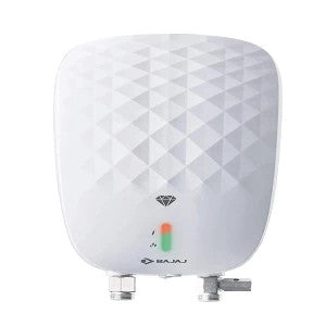 Bajaj Juvel 3 L instant water heater in white with prism-patterned front panel and bottom connectors