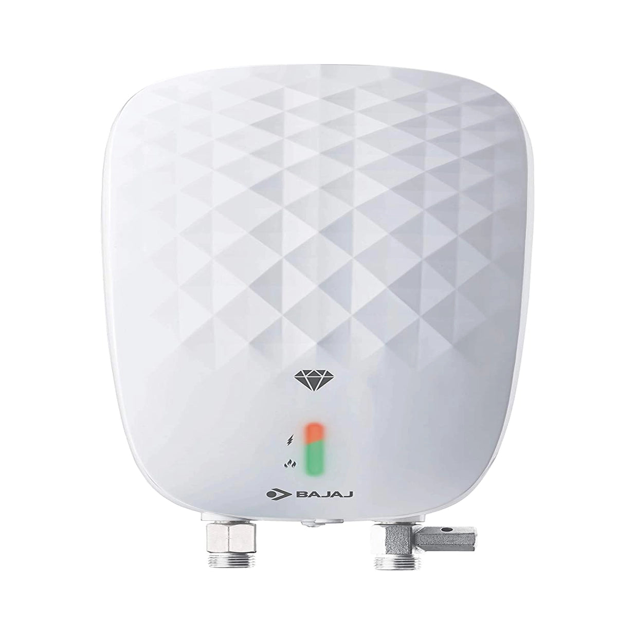Front view of Bajaj Juvel 3 L instant water heater showing diamond prism design, LED indicator and two bottom pipe connectors