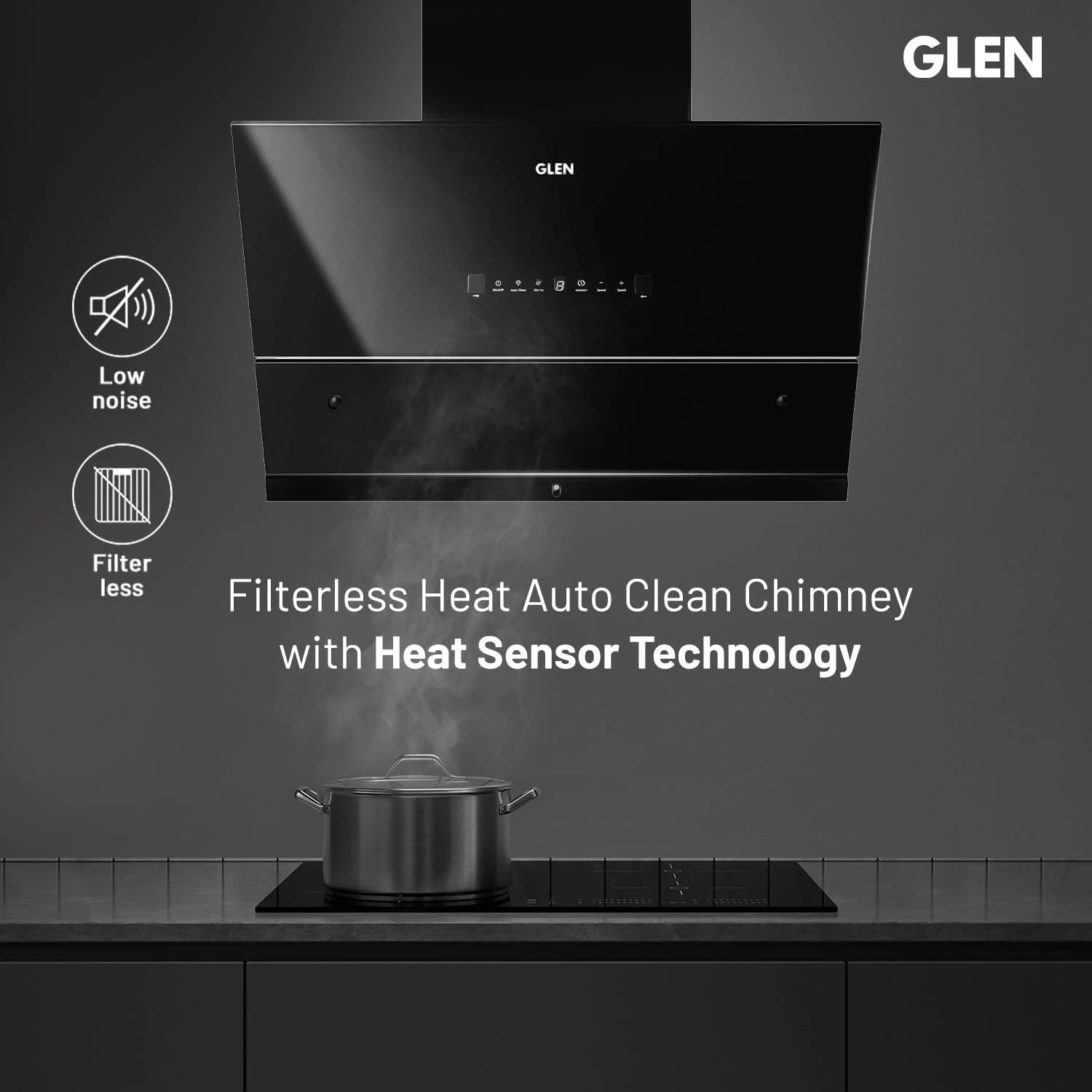 Glen Chimney Auto Clean Glass Chimney for Kitchen Filter-less with Heat Sensor, BLDC Motor 1600 m³/h - 75cm (CH 6065 HSR BLDC BL AC)