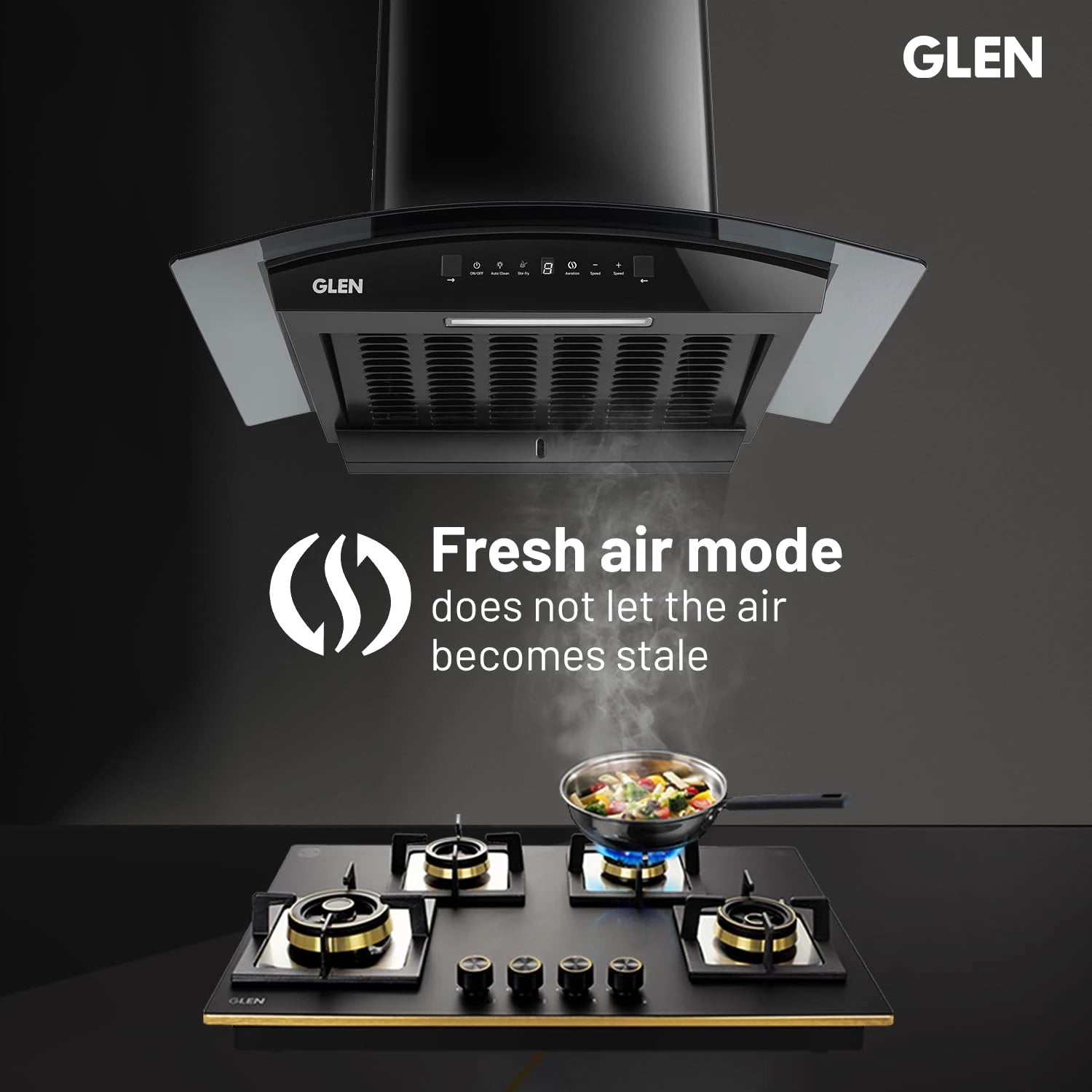 Glen 60 cm 1500 m³/hr BLDC Filterless Thermal Autoclean Kitchen Chimney, Curved Glass |(Hood RICA 60, Aeration technology|Touch & Gesture Control,Black)