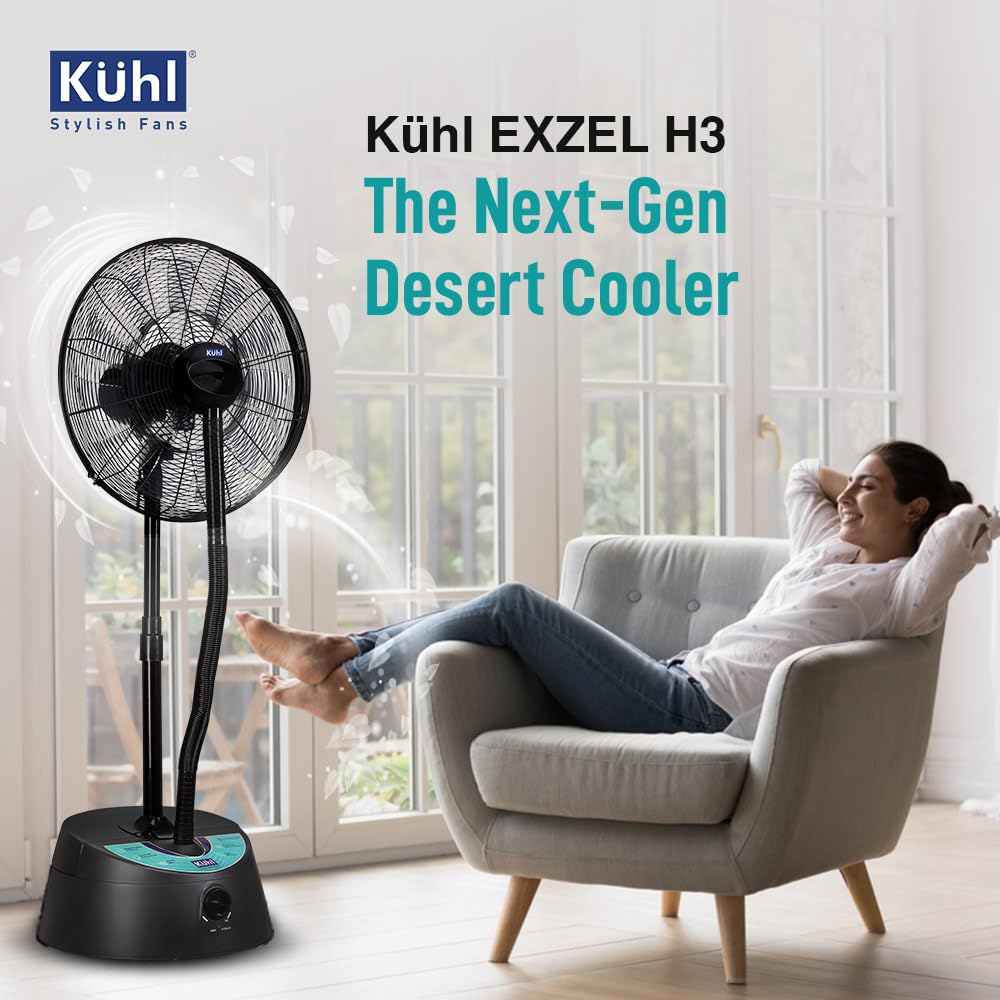 KUHL Exzel H3 Next Gen BLDC Desert Cooler with Mist & Humidifier | 18 Inches Pedestal Fan | Remote Operated | High Airflow & Low Noise | 6L/8 Hr Water Tank Capacity | Tilt Function | 450 mm