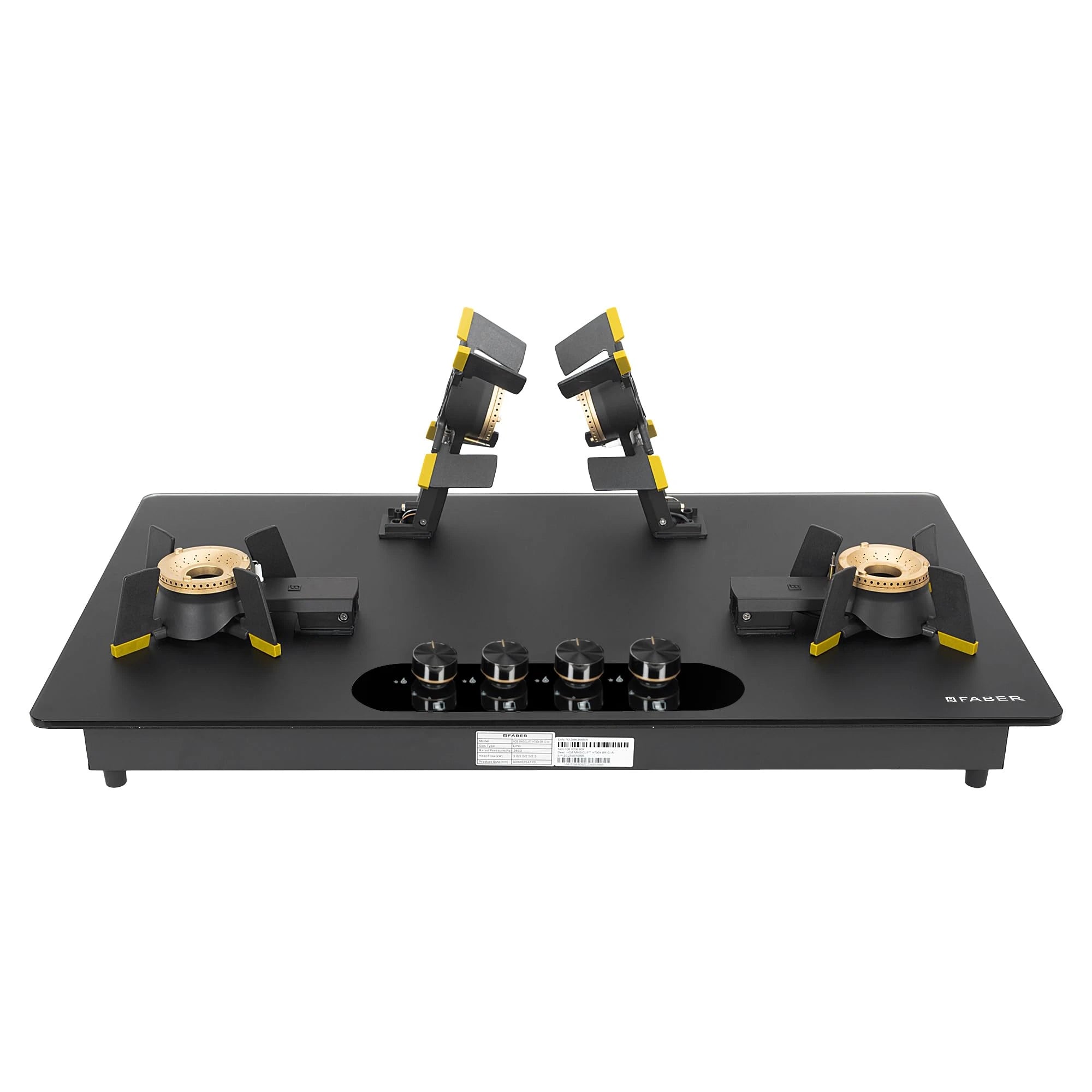 Faber 90cm Black Glass Hob with Liftable Burners | Auto Ignition | FFD | Cast Iron Pan Support | Premium Knobs | 2Yr Warranty | Hob Magiclift HT904 BR CI AI
