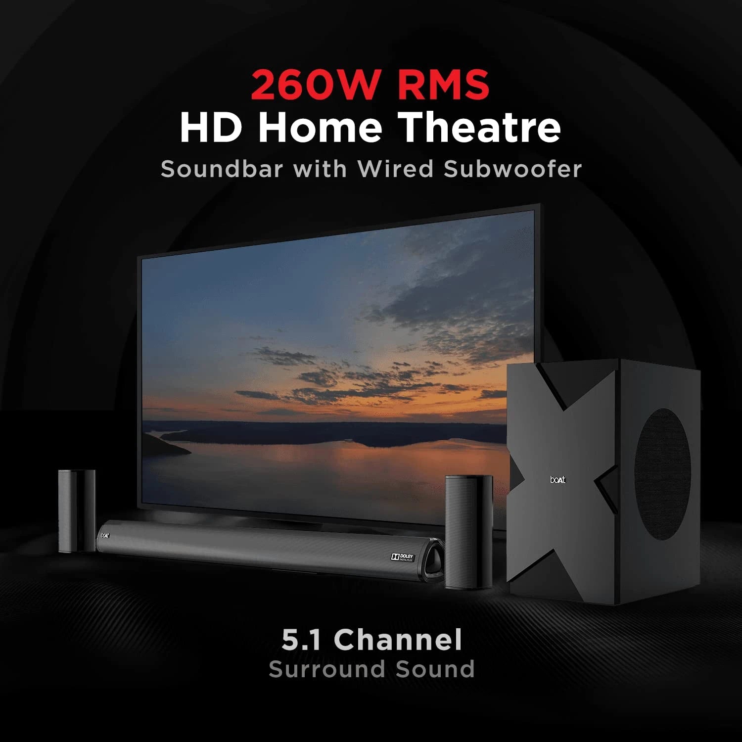 boAt AAVANTE Bar 3150D 260W 5.1 Channel Bluetooth Soundbar with Dolby Audio, Signature Sound,Wired Subwoofer,Multiple Connectivity,Entertainment Modes(Premium Black)