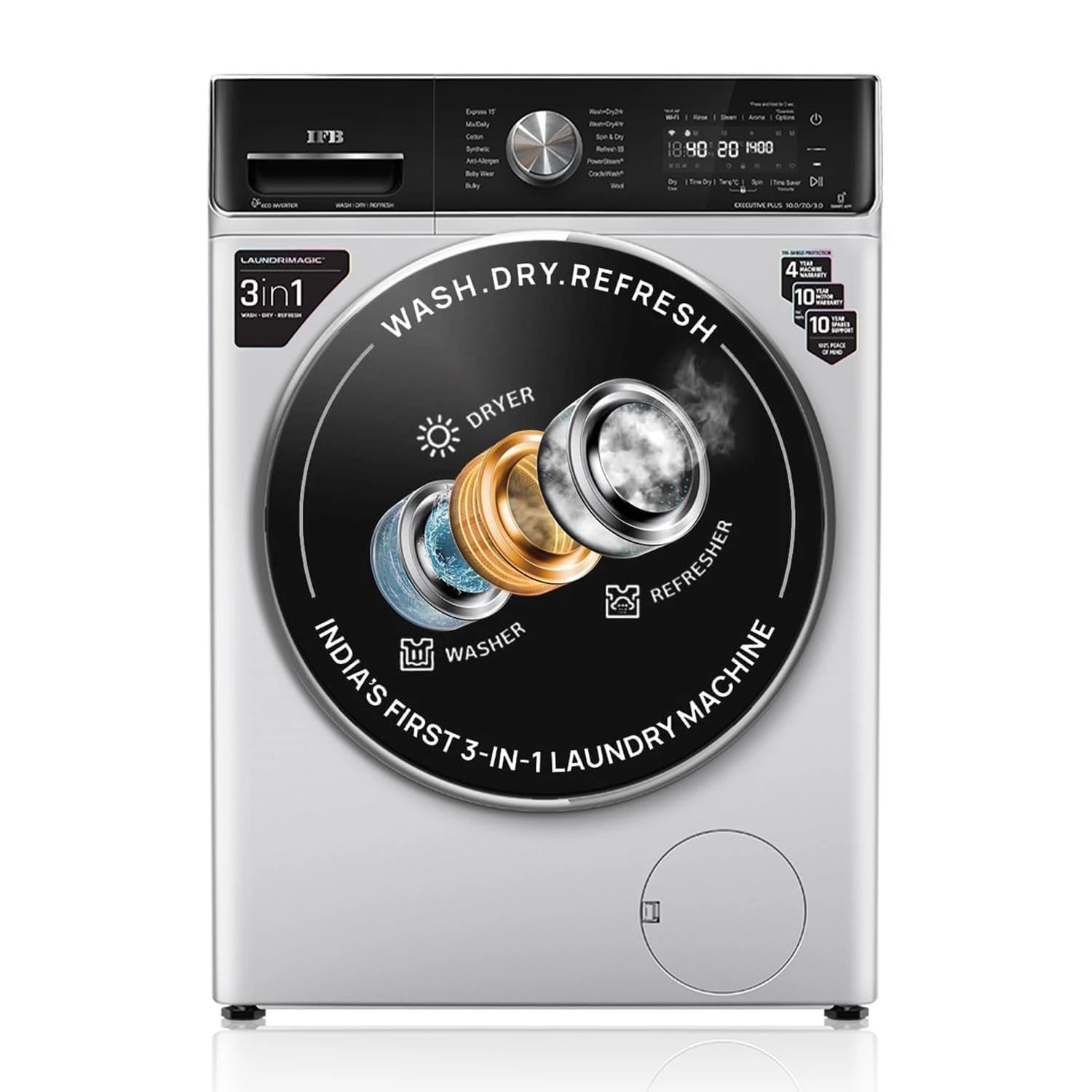 IFB 10 Kg/7 Kg/3 Kg 3-in-1, AI Powered, Fully Automatic Washer Dryer Refresher (IFB Laundrimagic®, EXECUTIVE PLUS ZXS, 9 Swirl Wash, Eco Inverter Technology, Rich Silver)