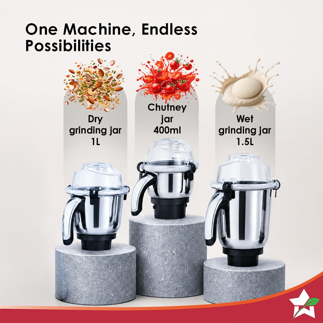 Wonderchef Inox 63155305 1000W Mixer Grinder with 3 Stainless-steel Jars, Black