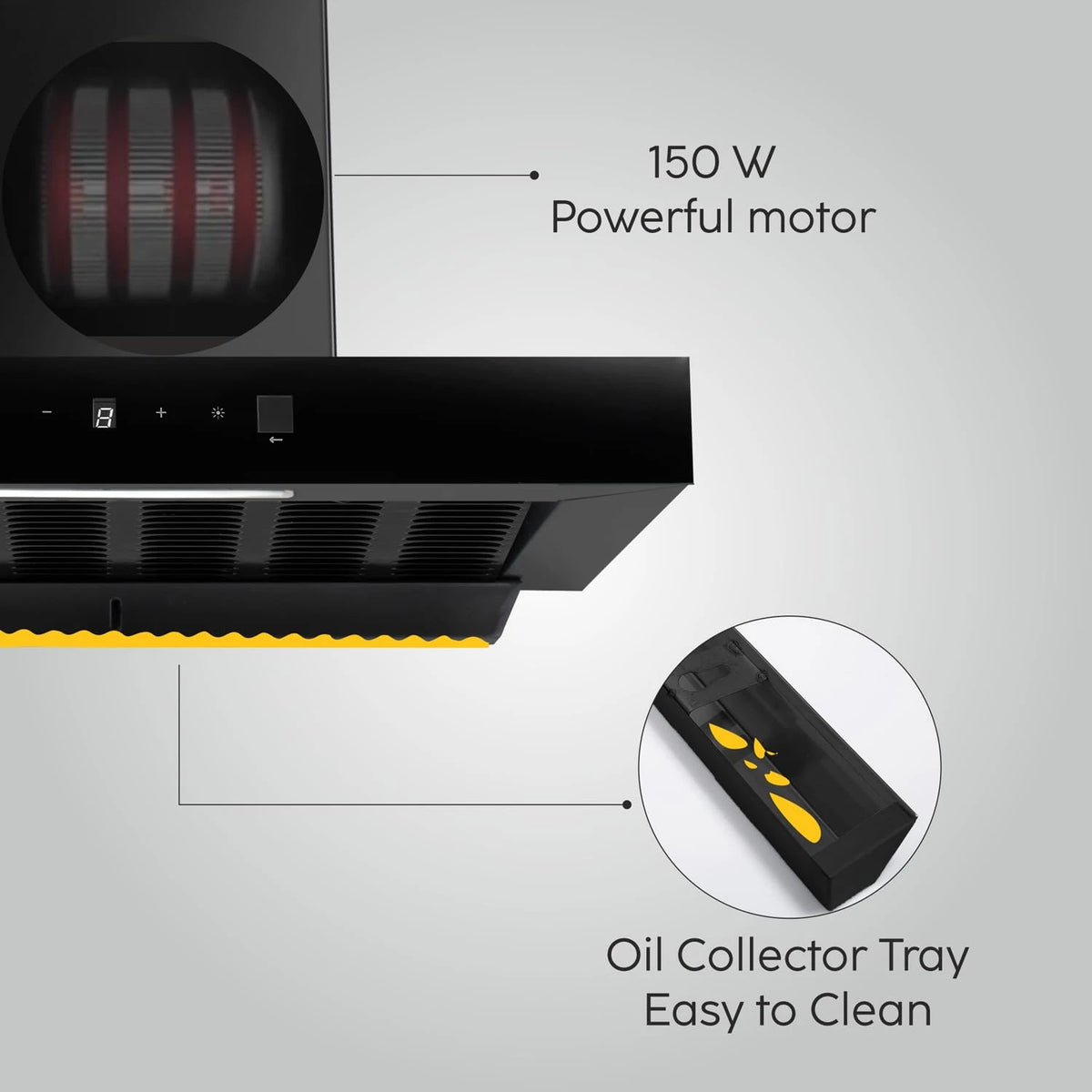 Glen CH6052DIBLAC60 Filterless Auto Clean Kitchen Chimney | 1200CMH Suction | Motion Sensor & Touch Control Panel | Digital Display | Wall Mounted | 1 Year Comprehensive Warranty 7 Year on Motor|Black