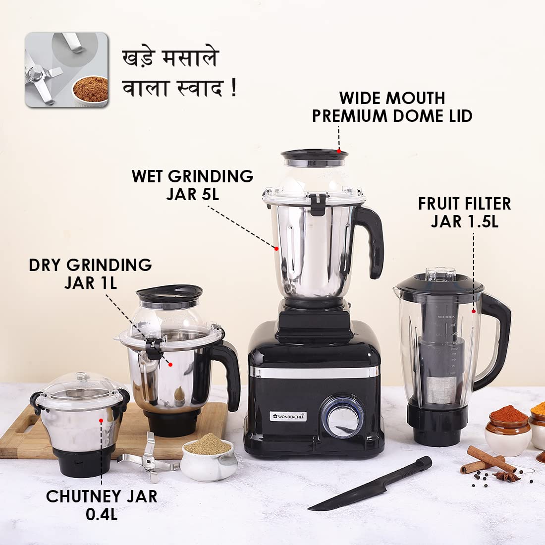 Wonderchef 63154742 Sumo Black DLX 1000 W Mixer Grinder with 4 Stainless Steel Jars
