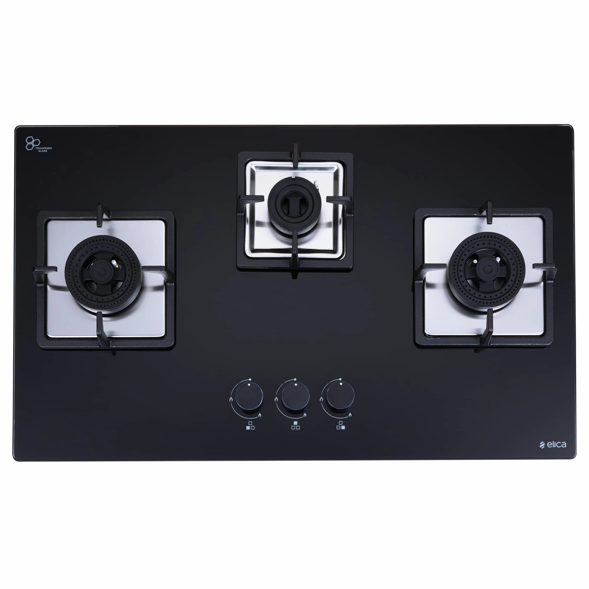 Elica Hob 3 Burner Auto Ignition Glass Top with Direct Flame Aluminum Brass Burners - 1 Small and 2 Medium Gas Stove (IND FLEXI AB 375 DX DFS)