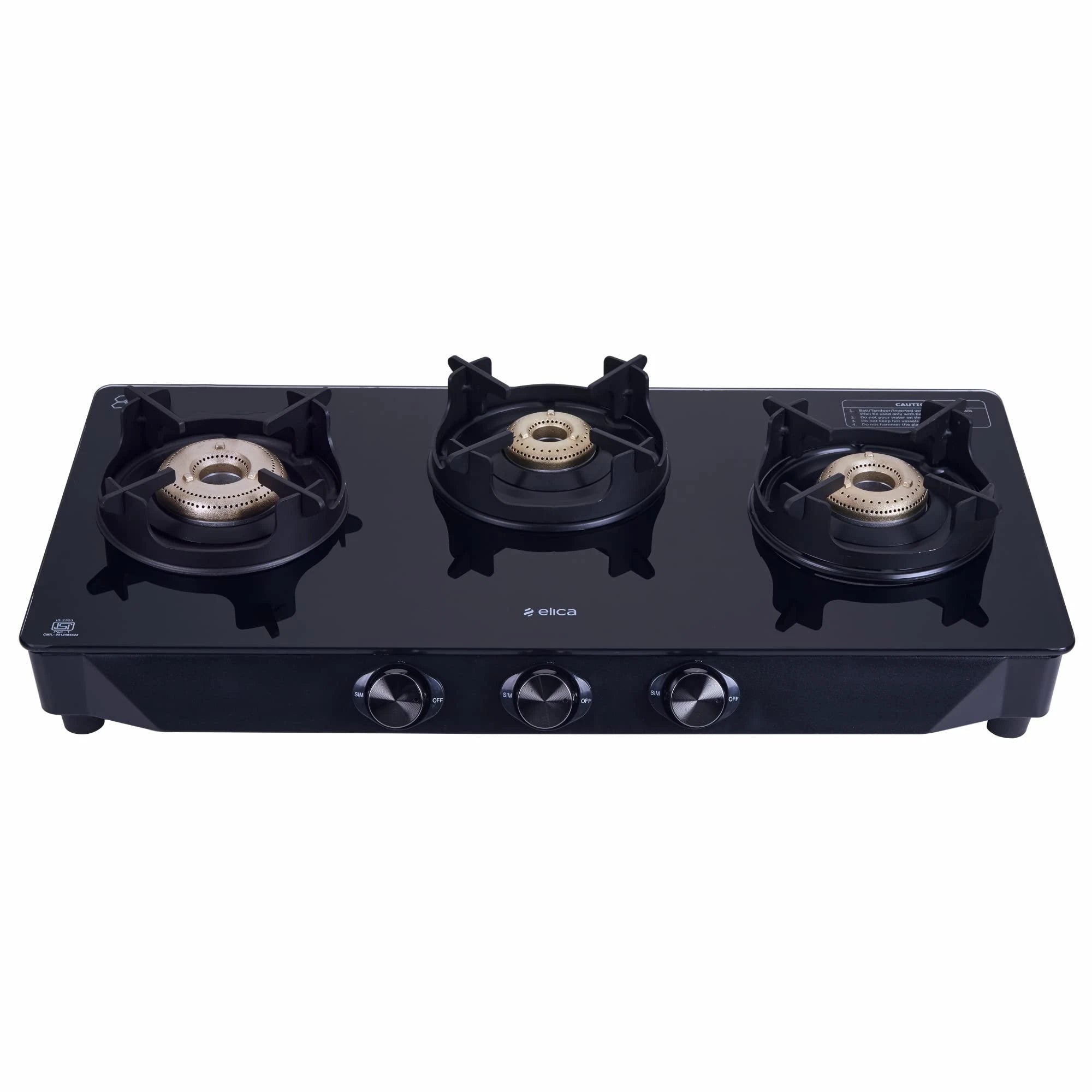 Elica Crest 3 Burner Gas Stove with Crown Design Pan Support and Forged Brass Burners (CREST 370 J NERO), Black