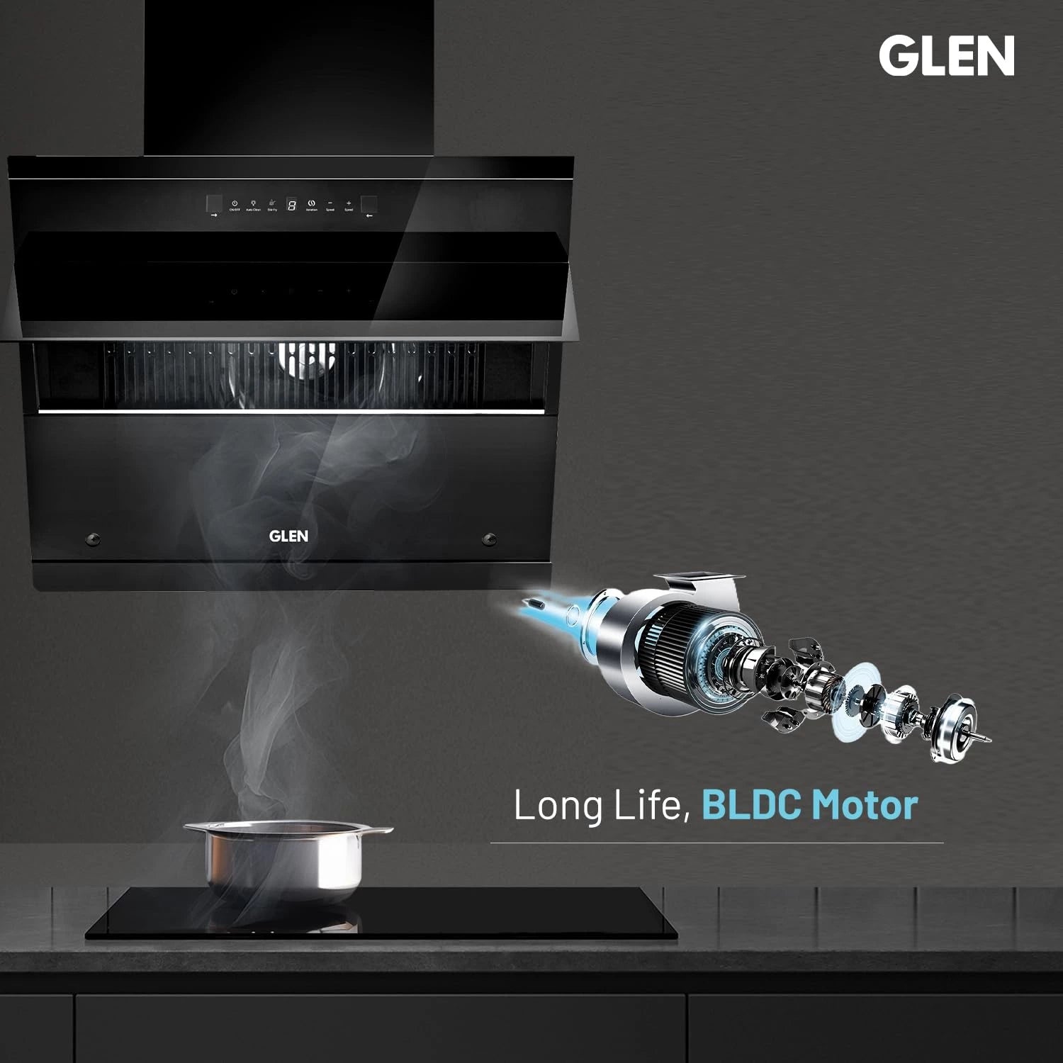 Glen Chimney Auto Clean Vertical Glass Chimney for Kitchen Filter-less with Heat Sensor, BLDC Motor 1600 m³/h - 60cm (CH 6073 HSR DC AC)