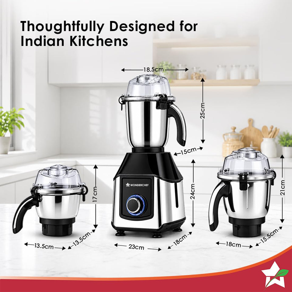 Wonderchef Inox 63155305 1000W Mixer Grinder with 3 Stainless-steel Jars, Black