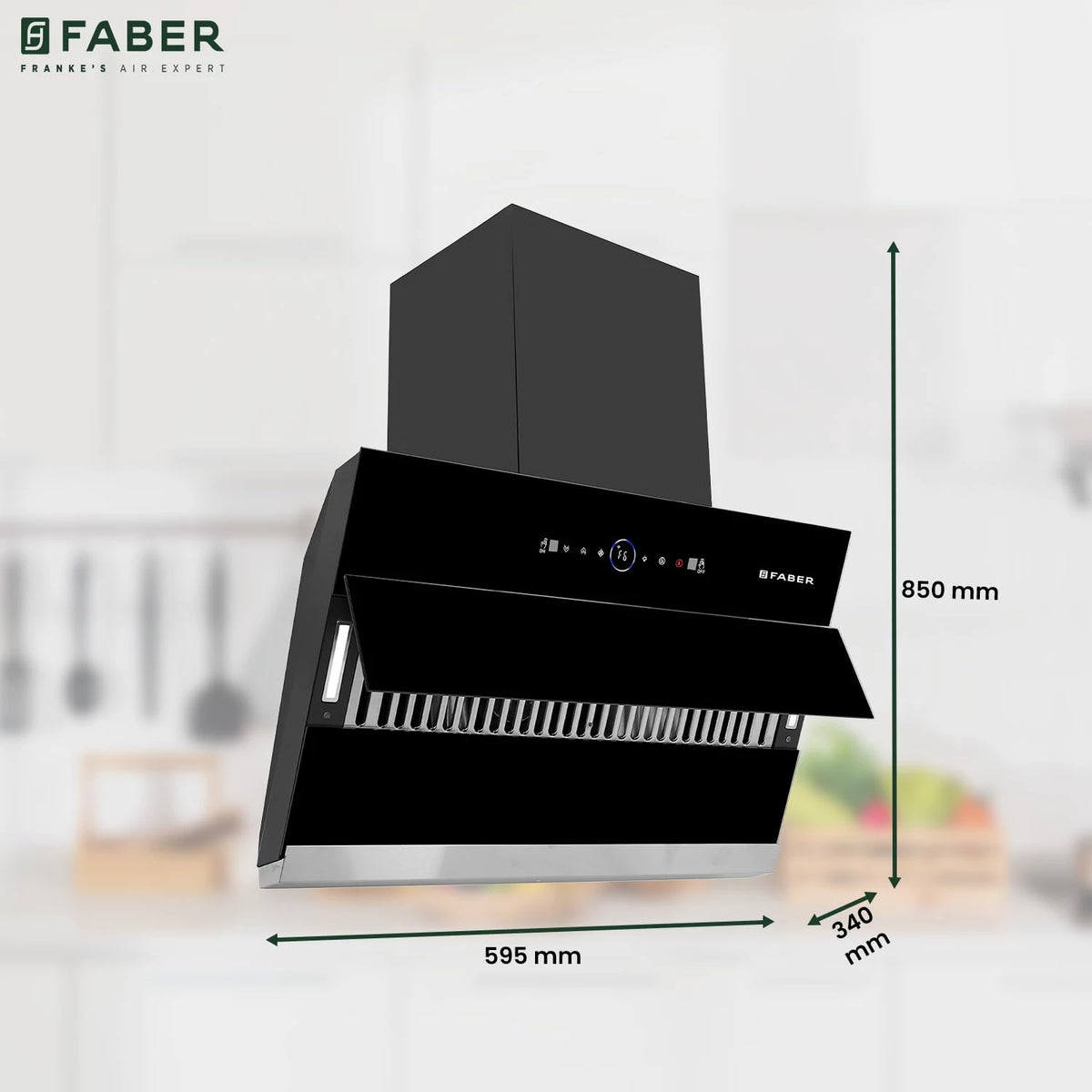 Faber Hood Maple BLDC FL HC BK 60 chimney with open flap showing dimensions of 595 mm, 340 mm and 850 mm