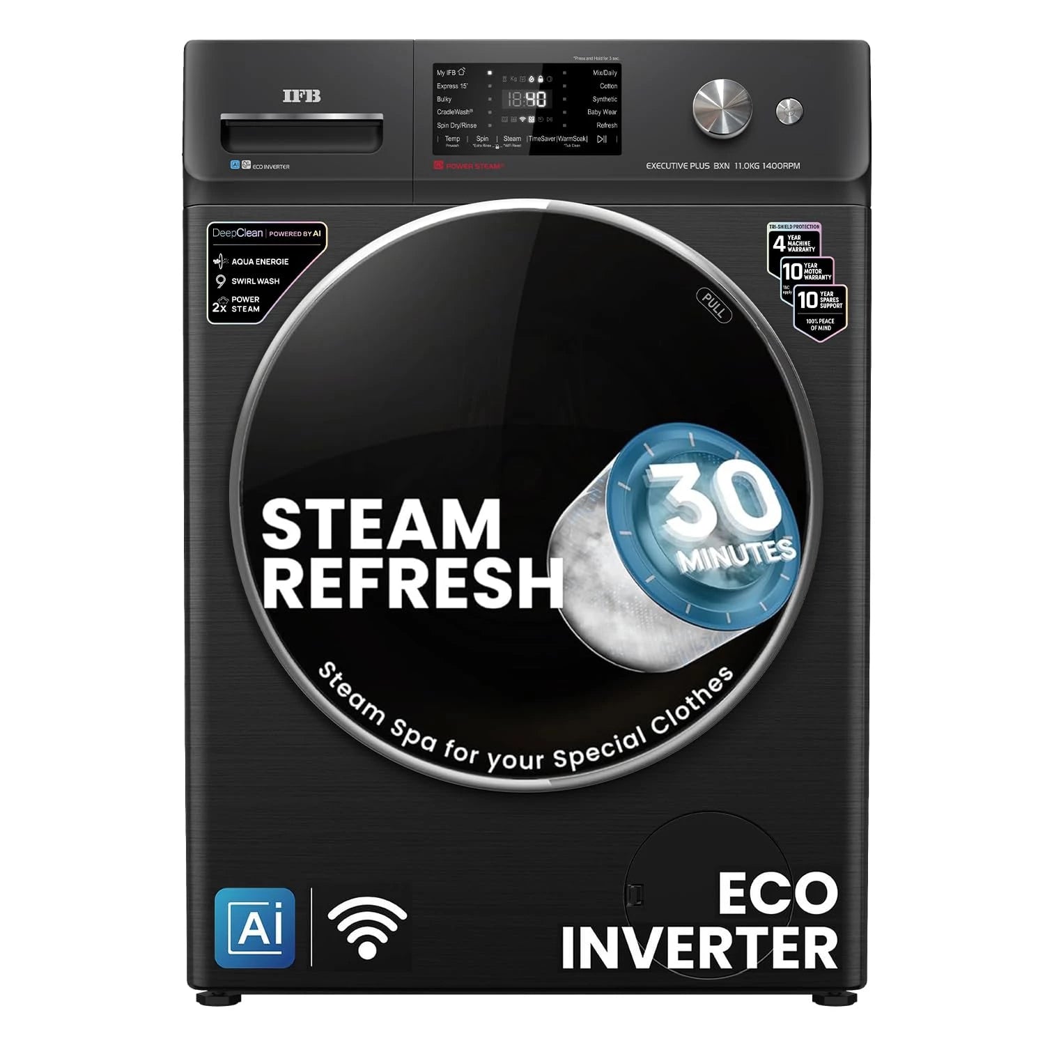 IFB 11 Kg 5 Star, DeepClean®, AI Powered, WiFi, Fully Automatic Front Load Washing Machine (EXECUTIVE PLUS BXN 1114KH, PowerSteam®, 9 Swirl, Steam Refresh, Inbuilt Heater, Eco Inverter, Black VCM)