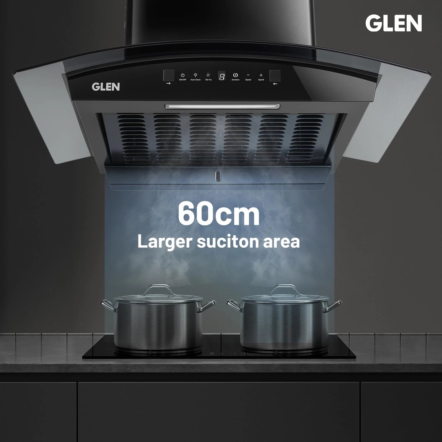 Glen 60 cm 1500 m³/hr BLDC Filterless Thermal Autoclean Kitchen Chimney, Curved Glass |(Hood RICA 60, Aeration technology|Touch & Gesture Control,Black)