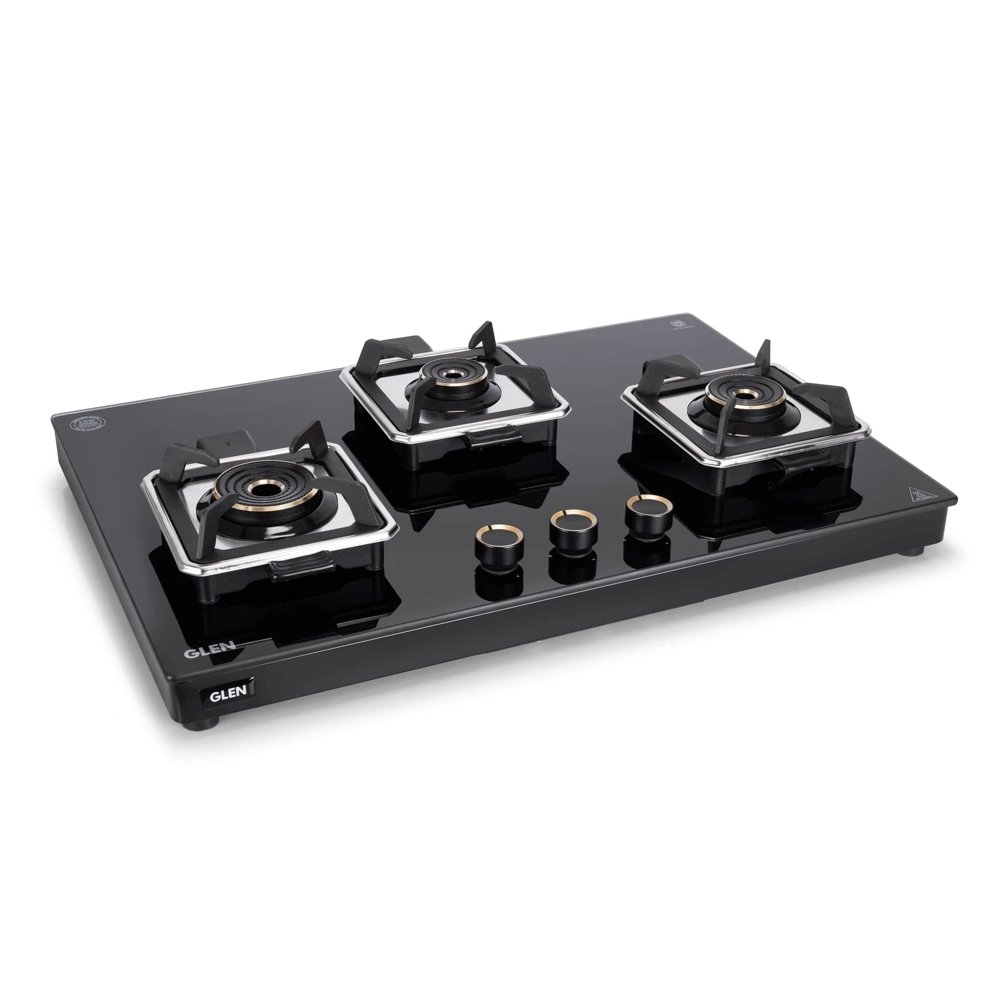 Glen Swift 3 Burner Gas Stove | Removable Multi-Ring Forged Brass Burners | 8mm Toughened Glass Top | Manual Ignition (CT1038GTBLSWIFT)