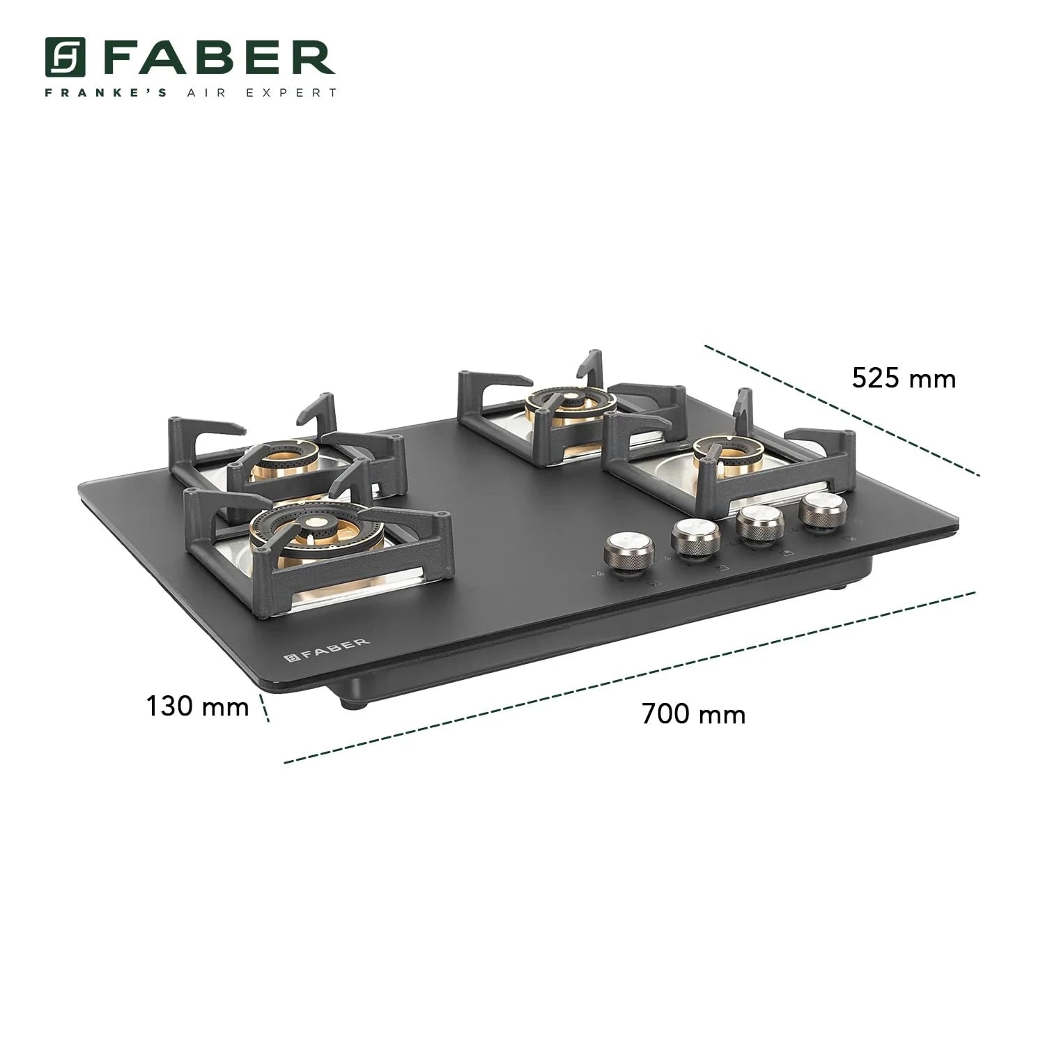 Faber Bella HT 704 BR AI Hobtop – 70 cm, 4 Full Brass Burners | Auto Ignition | Black Toughened Glass | Heavy-Duty Cast Iron Support | Modern Kitchen Elegance