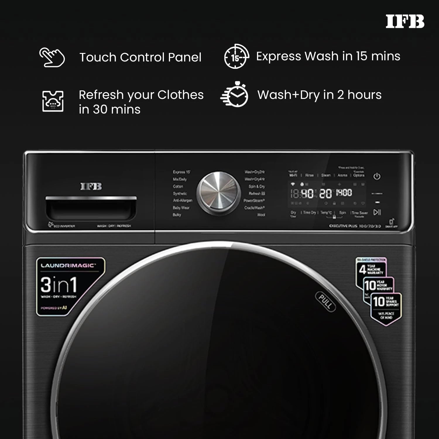 IFB 10 Kg/7 Kg/3 Kg 3-in-1, AI Powered, Fully Automatic Washer Dryer Refresher (IFB Laundrimagic®, EXECUTIVE PLUS ZXB, 9 Swirl Wash, Eco Inverter Technology, Black VCM)