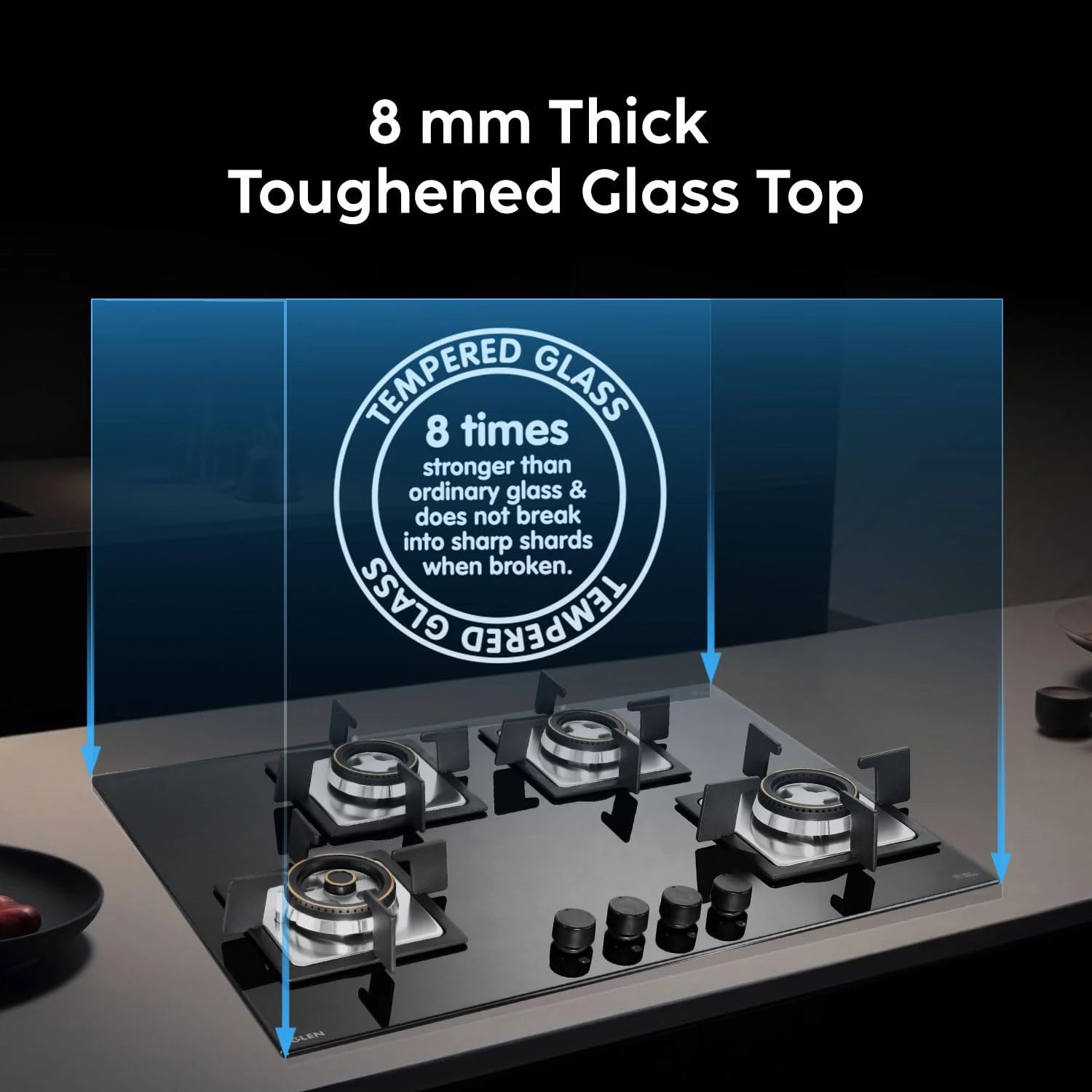 Glen Built-in Hob 4 Burner Gas Stove | Black Toughened Glass Top | Auto Ignition | Forged Brass Burners Mini Triple Ring & Double Ring | 2 Year Warranty
