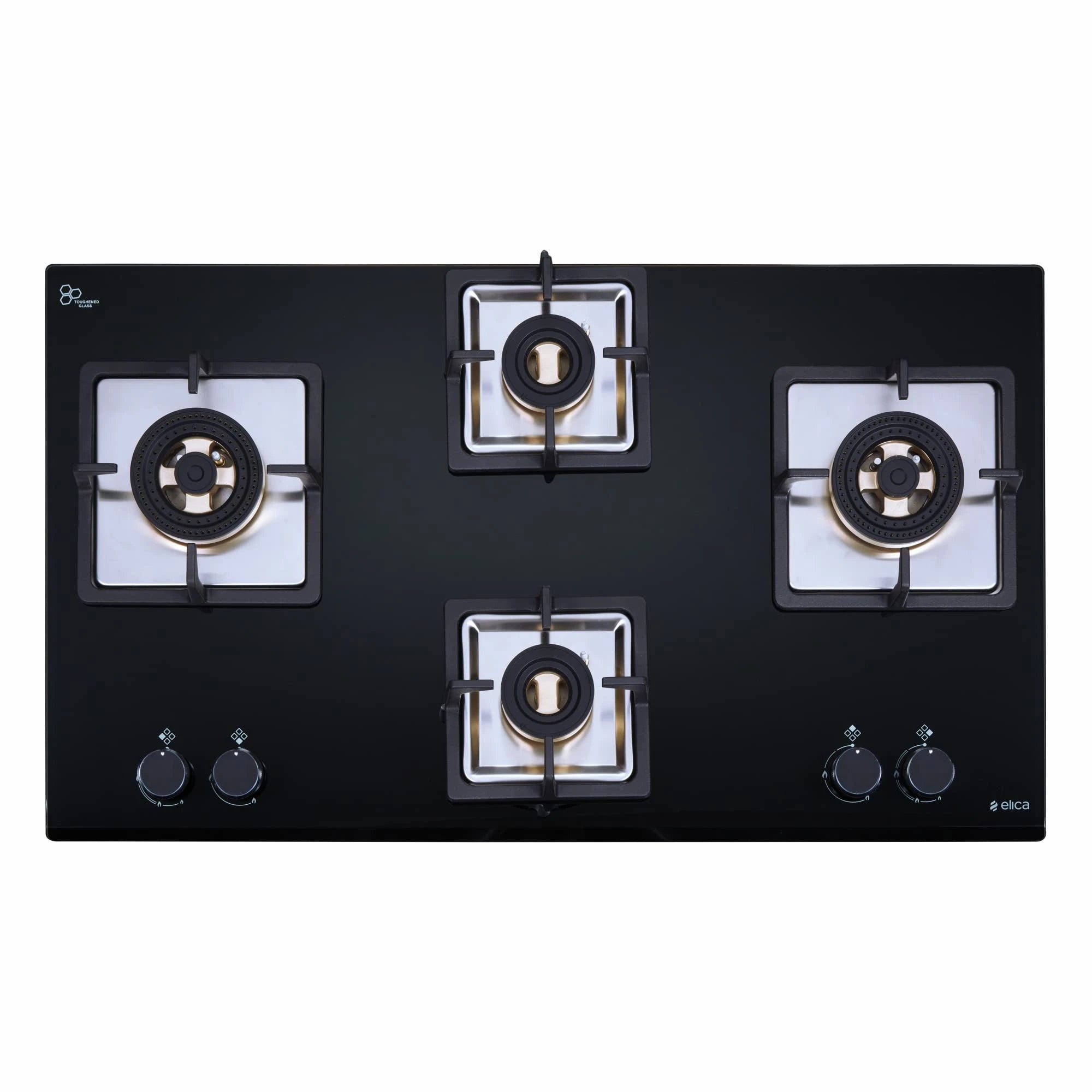 Elica IND FLEXI FB 491 DX DFS 4-Burner Auto Ignition Glass Top Gas Stove with Direct Flame Full Brass Burners - 2 Small and 2 Medium