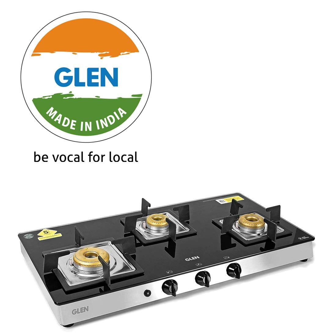 Glen 3 Burner Glass Cooktop 1038 SQ GT Forged Brass Burners Auto Ignition