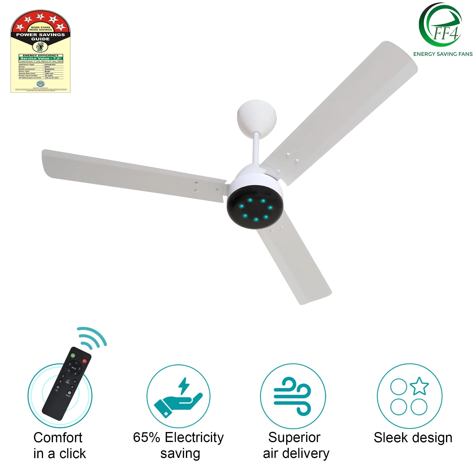 eFF4 Sino1200 mm 3 Blade 5 Star power Saving Ceiling fan with BLDC Motor | Remote control | Decorative Fan with Lights | High Air Flow (White - Modern, Pack of 2)