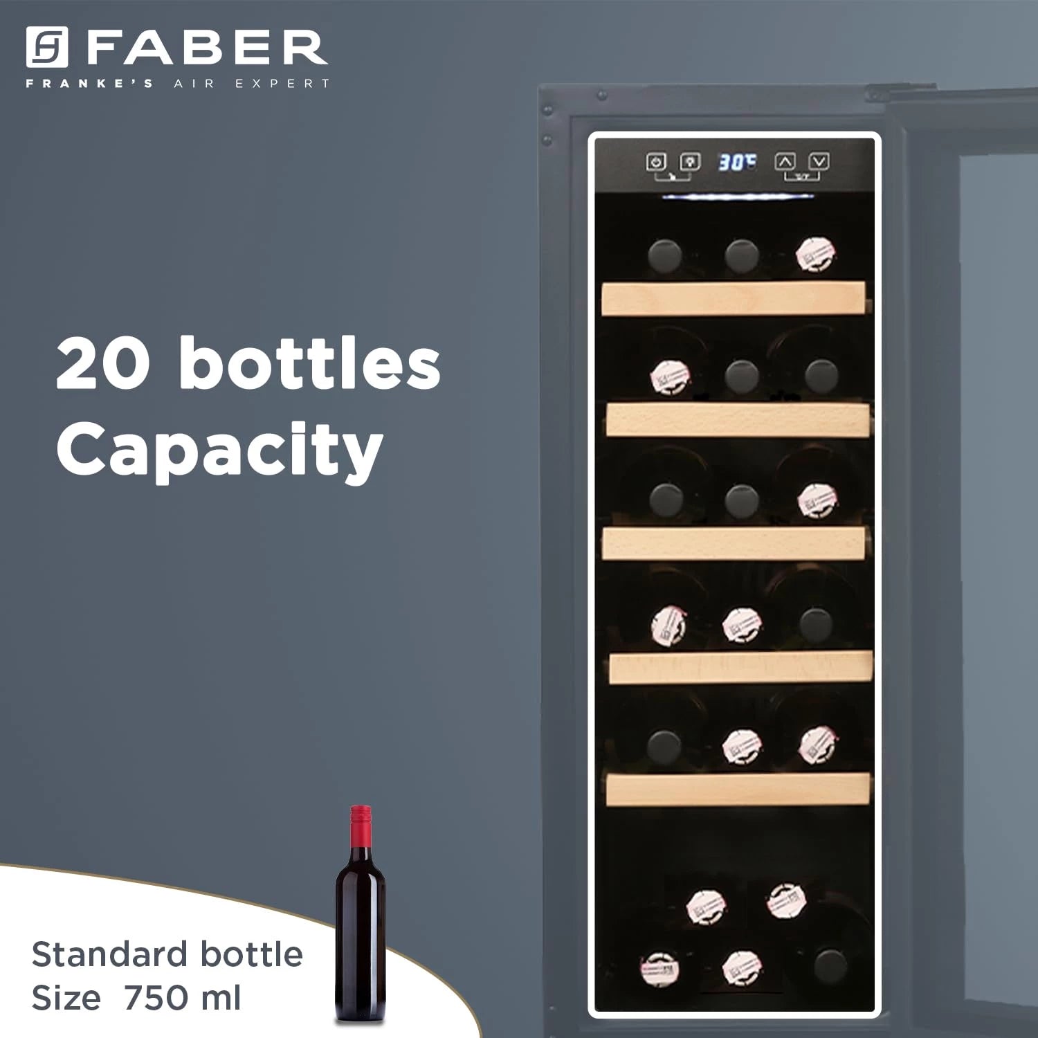 Faber 58L 20 Bottles Wine Chiller|Freestanding cum Built-in|Frost-Free,5-20°C,|SS Handle,Wooden Shelves,Reversible Door,Touchpad & LED Display