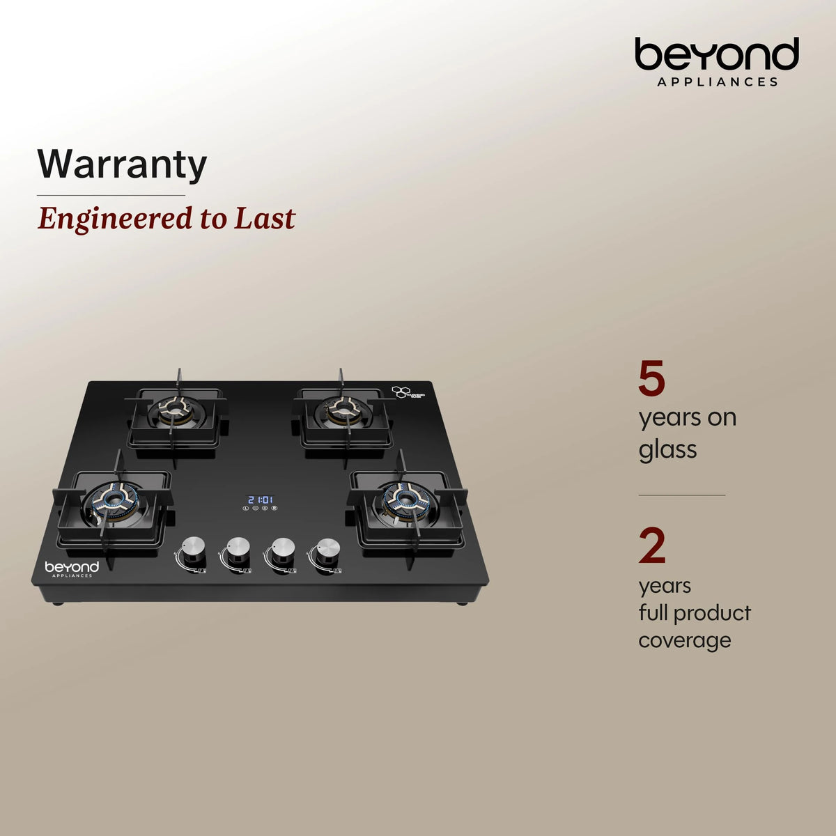 Beyond Appliances Solaria 4 Full Brass Burner Smart Gas Stove Auto Ignition | Digital Timer | Flame Failure Device | Toughened Glass | ISI Certified | LPG & PNG Compatible Cooktop | PAN India Service