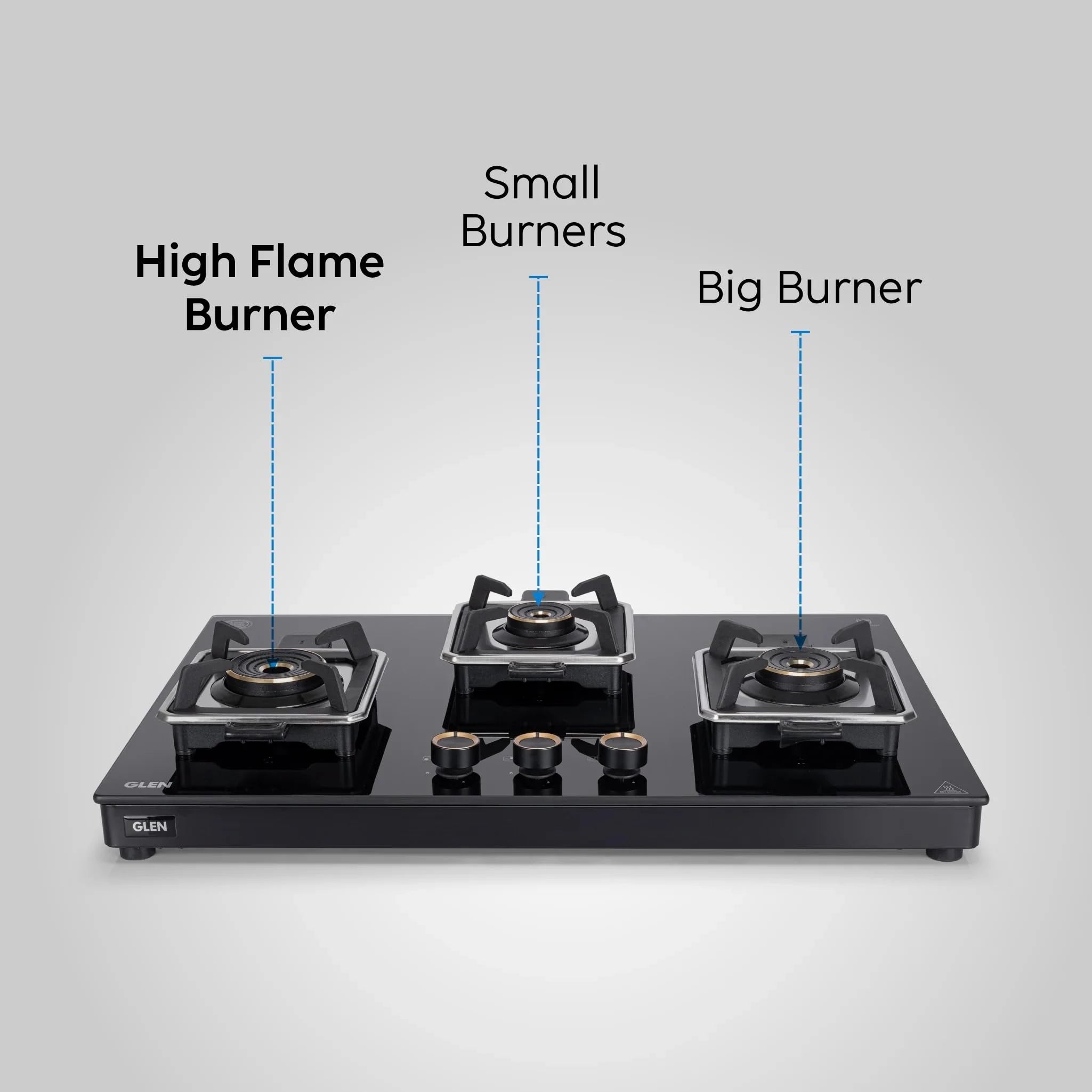 Glen Swift 3 Burner Gas Stove | Removable Multi-Ring Forged Brass Burners | 8mm Toughened Glass Top | Manual Ignition (CT1038GTBLSWIFT)