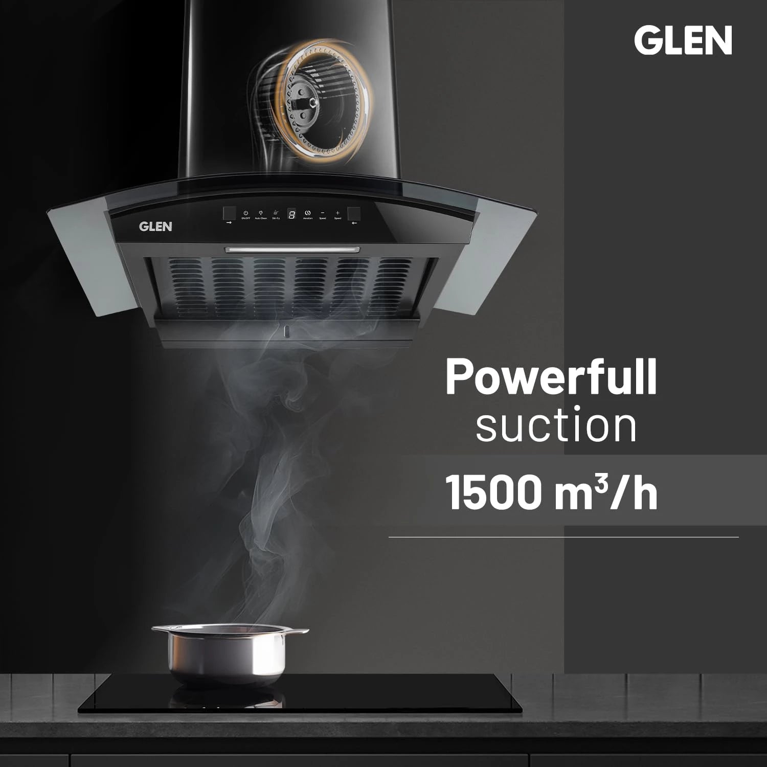 Glen 60 cm 1500 m³/hr BLDC Filterless Thermal Autoclean Kitchen Chimney, Curved Glass |(Hood RICA 60, Aeration technology|Touch & Gesture Control,Black)