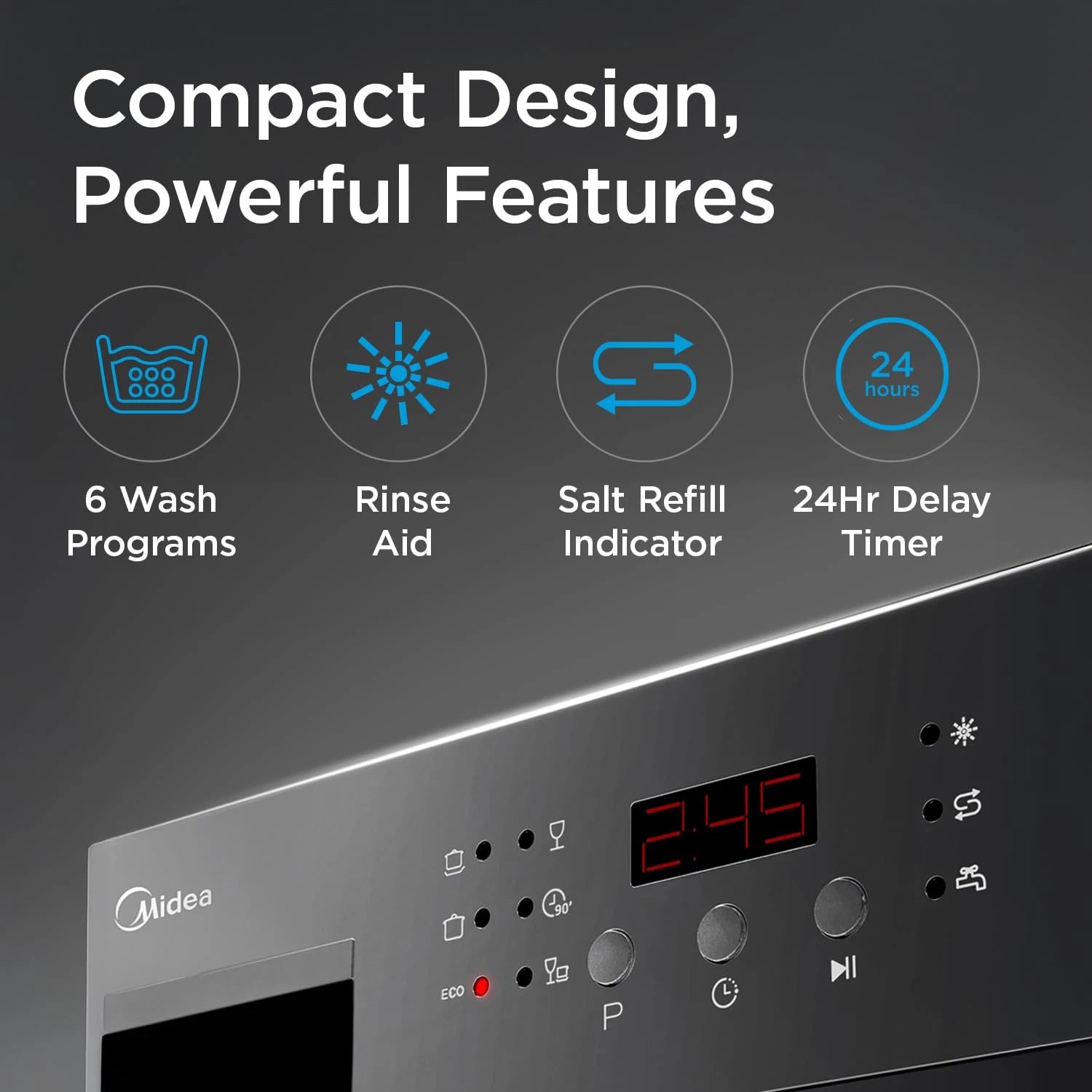 MIDEA 8 Place Setting Countertop Dishwasher (MDWTT0802D (B), Black, 6 wash programs, Portable, anti-bacterial filter & Intensive 70 degree wash for Ultra Hygiene, 24 Hour Delay Timer)
