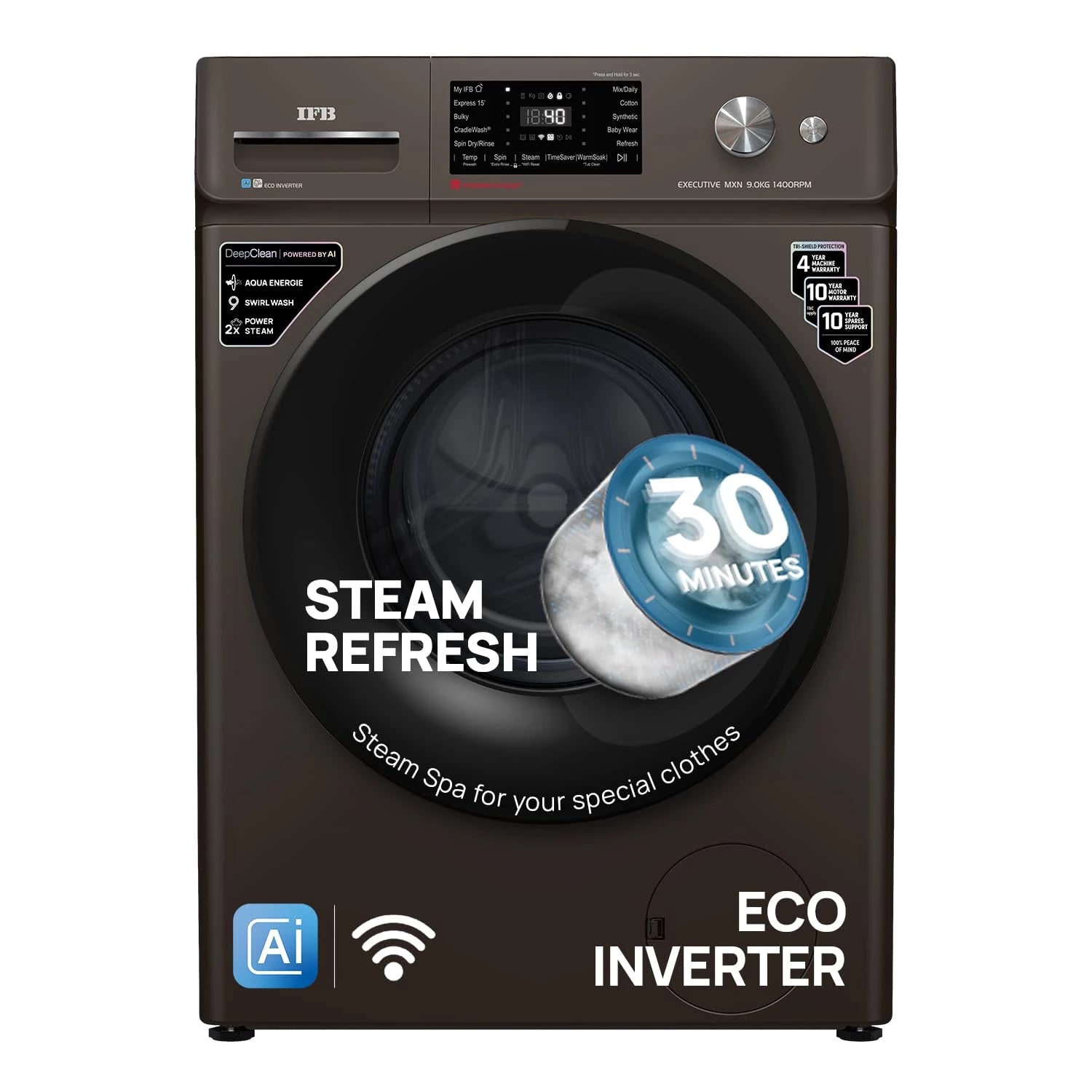 IFB 9 Kg 5 Star, DeepClean® Technology, AI Powered, WiFi, Fully Automatic Front Load Washing Machine (EXECUTIVE MXN 9014K CMS, PowerSteam®, 9 Swirl, Steam Refresh, Inbuilt Heater, Eco Inverter, Mocha)